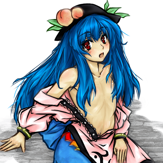 misogi, misogi (misogi1341), hinanawi tenshi, touhou, 1girl, blue hair, blush, dress, female focus, flat chest, food, fruit, hat, long hair, open clothes, open shirt, peach, red eyes, shirt, solo, topless female
