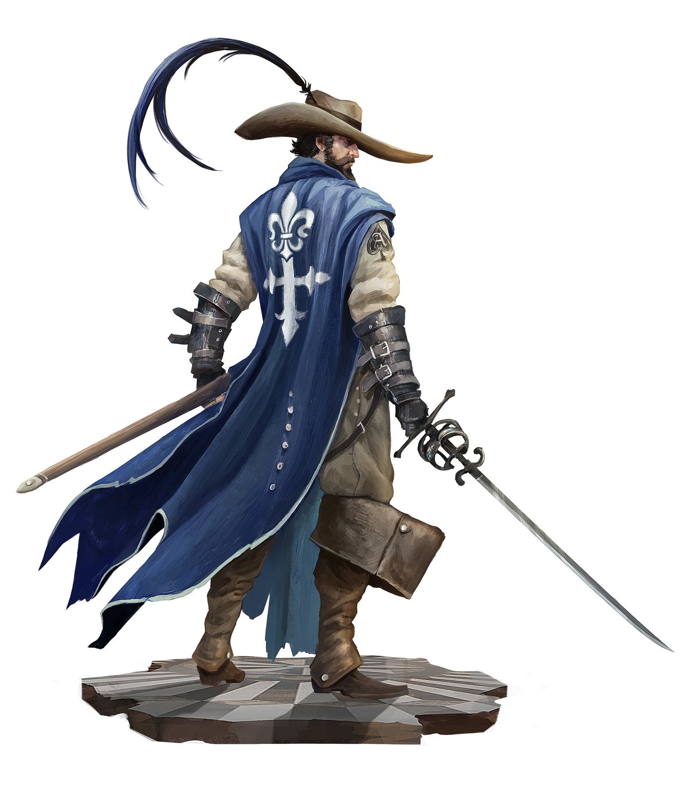 original, highres, 1boy, alexandre chaudret, beard, blue cape, boots, cape, facial hair, fleur-de-lis, full body, gauntlets, hat feather, holding, holding sword, holding weapon, simple background, sword, weapon, white background, wide brim