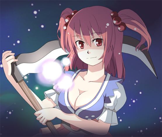 masuneko, onozuka komachi, touhou, bad id, bad pixiv id, 1girl, breasts, cleavage, female focus, gradient background, large breasts, night, red eyes, red hair, scythe, solo, upper body