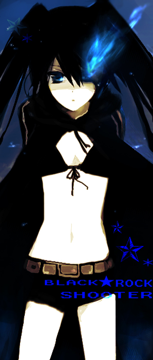 kana (sekiyou), black rock shooter (character), hatsune miku, black rock shooter, vocaloid, bad id, bad pixiv id, 10s, 1girl, black hair, blue eyes, female focus, long hair, midriff, shorts, solo, twintails