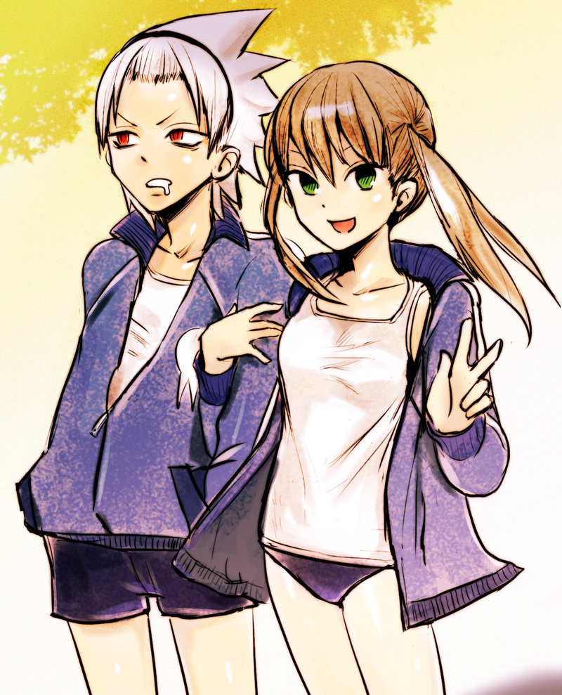 igarashi ran (igatz), igatz, maka albarn, soul evans, soul eater, bad id, bad pixiv id, 00s, 1boy, 1girl, albino, brown hair, buruma, green eyes, gym uniform, red eyes, twintails, v, white hair