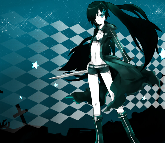 akaru jun, black rock shooter (character), hatsune miku, black rock shooter, vocaloid, bad id, bad pixiv id, 10s, 1girl, black hair, blue eyes, cross, female focus, katana, latin cross, long hair, midriff, monochrome, shorts, solo, sword, twintails, weapon