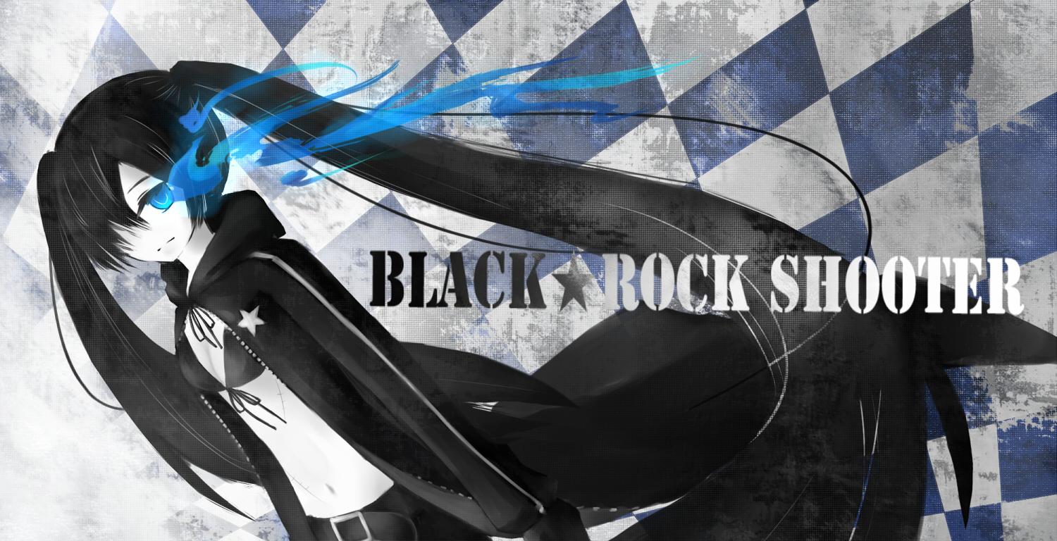 nora (le-chat-noir), black rock shooter (character), hatsune miku, black rock shooter, vocaloid, bad id, bad pixiv id, 10s, 1girl, black hair, blue eyes, female focus, long hair, midriff, monochrome, shorts, solo, spot color, twintails