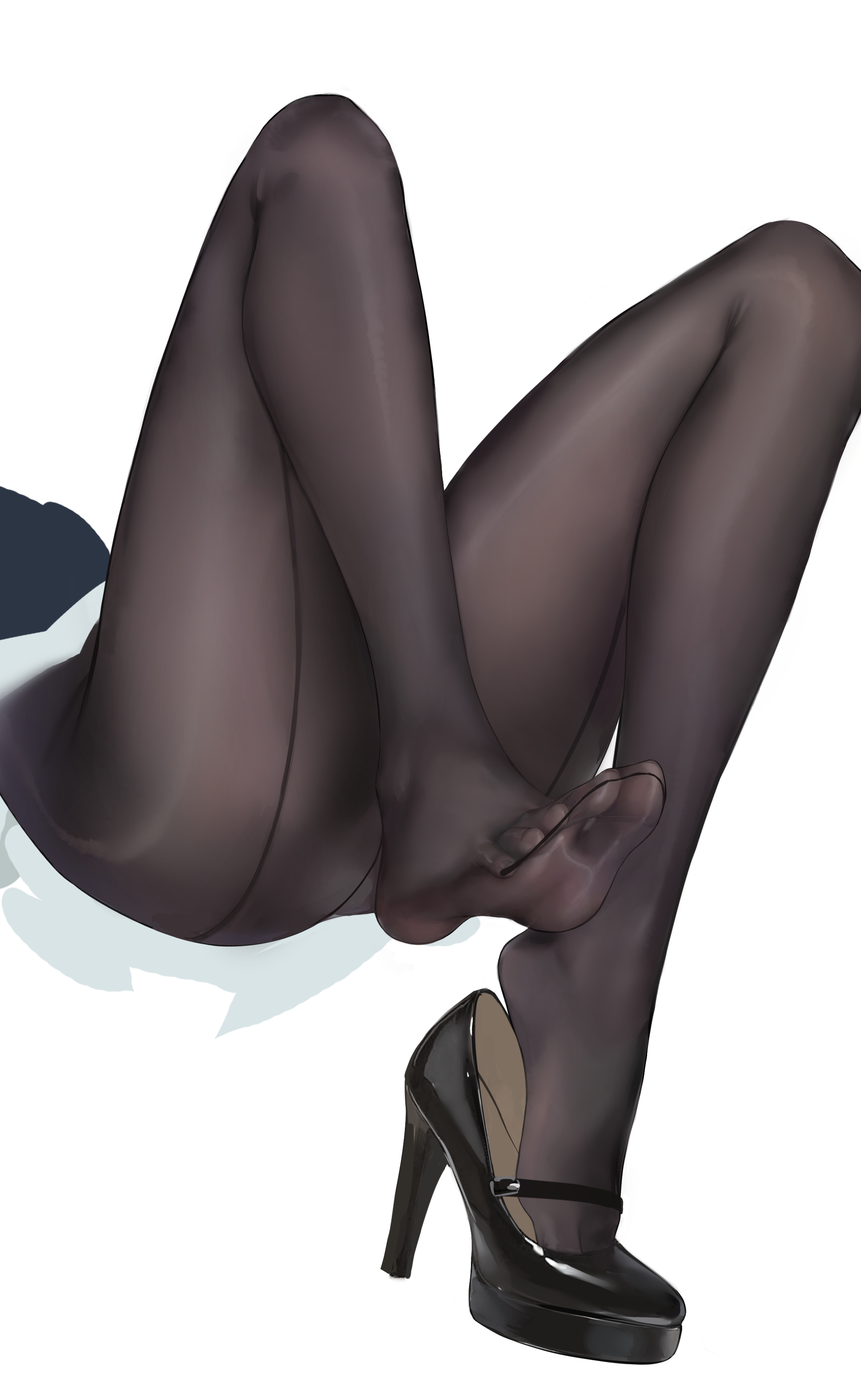 far side, yixuan (trails of ink) (zenless zone zero), yixuan (zenless zone zero), zenless zone zero, absurdres, chinese commentary, commentary request, highres, 1girl, ass, black pantyhose, black shoes, high heels, leg focus, pantyhose, shoes, simple background, solo, white background
