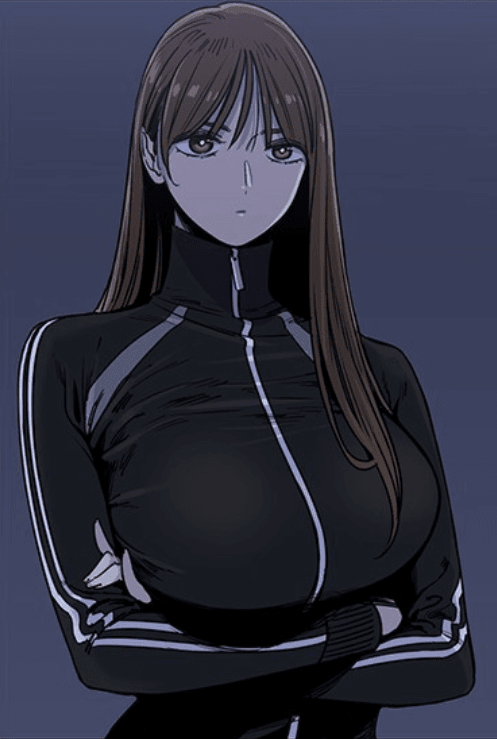 jung su-a, beautiful gunbari, non-web source, 1girl, arms under breasts, black track suit, brown eyes, brown hair, expressionless, long hair, looking at viewer, night, track suit, yoon sungwon