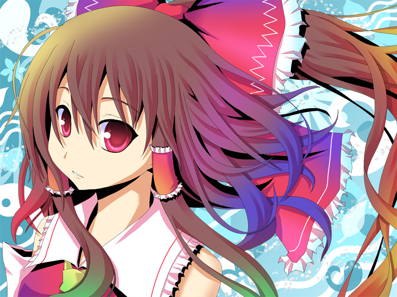 koumei (artist), koumei (harmonizer), hakurei reimu, imperishable night, touhou, 1girl, brown hair, female focus, japanese clothes, long hair, miko, ponytail, ribbon, solo