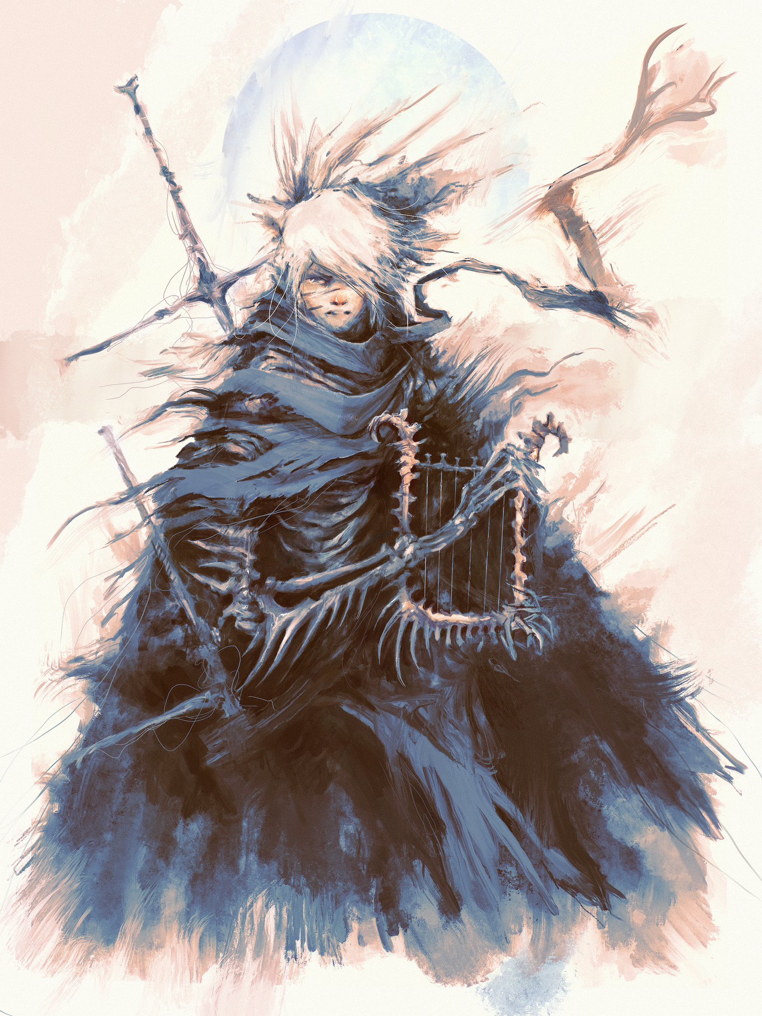 original, highres, procreate (medium), 1boy, alexandre chaudret, glaring, harp, instrument, scar, scar on face, scarf, skeletal arm, spiked arm, white hair