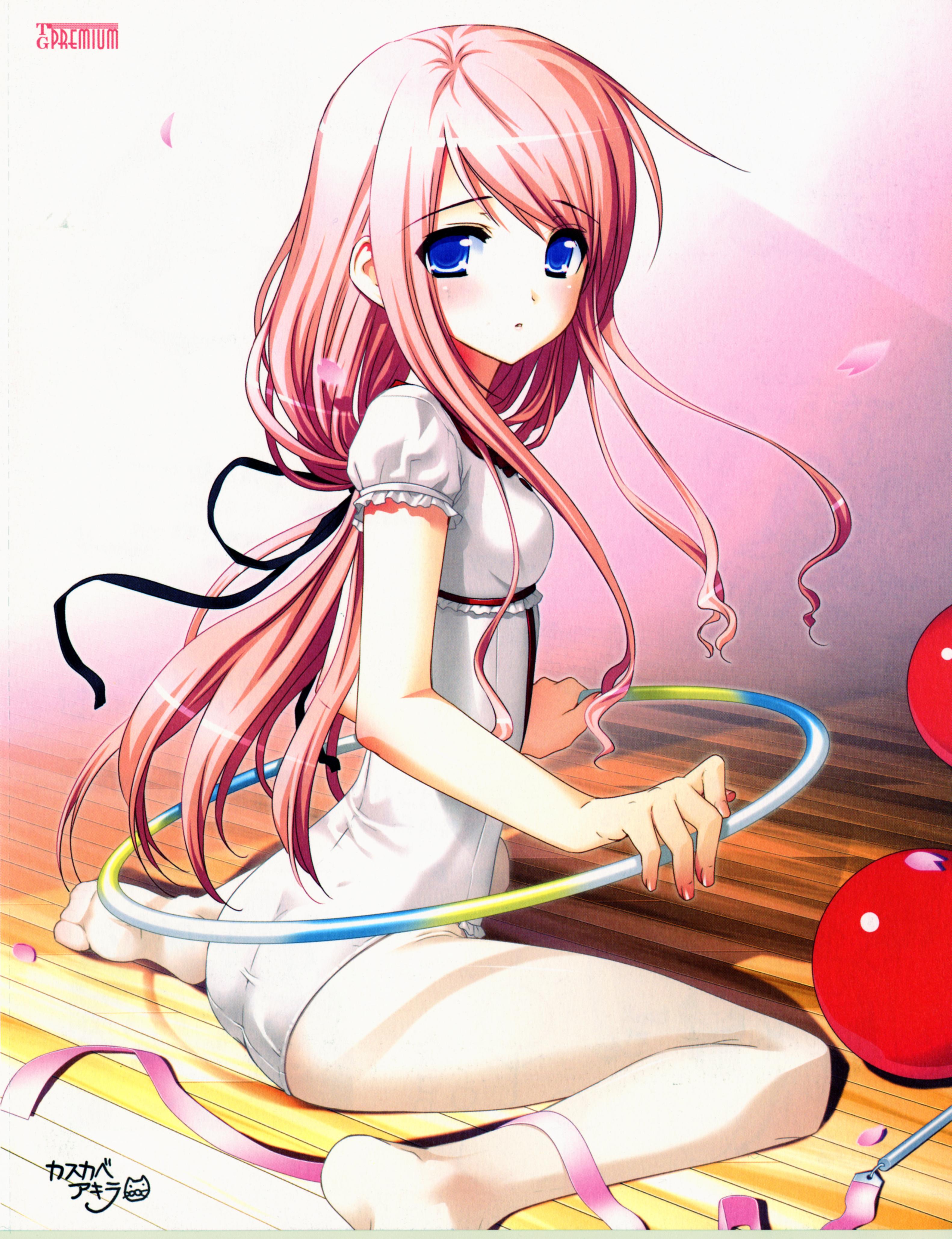 kasukabe akira, sakura nanako, sakura sakura, absurdres, highres, 1girl, ass, athletic leotard, barefoot, blue eyes, blush, feet, female focus, from behind, gymnastics, hoop, hula hoop, kneeling, leotard, long hair, looking at viewer, looking back, low ponytail, pantyhose, pink hair, ponytail, red hair, rhythmic gymnastics, ribbon, ribbon baton, sitting, solo, wariza, white pantyhose