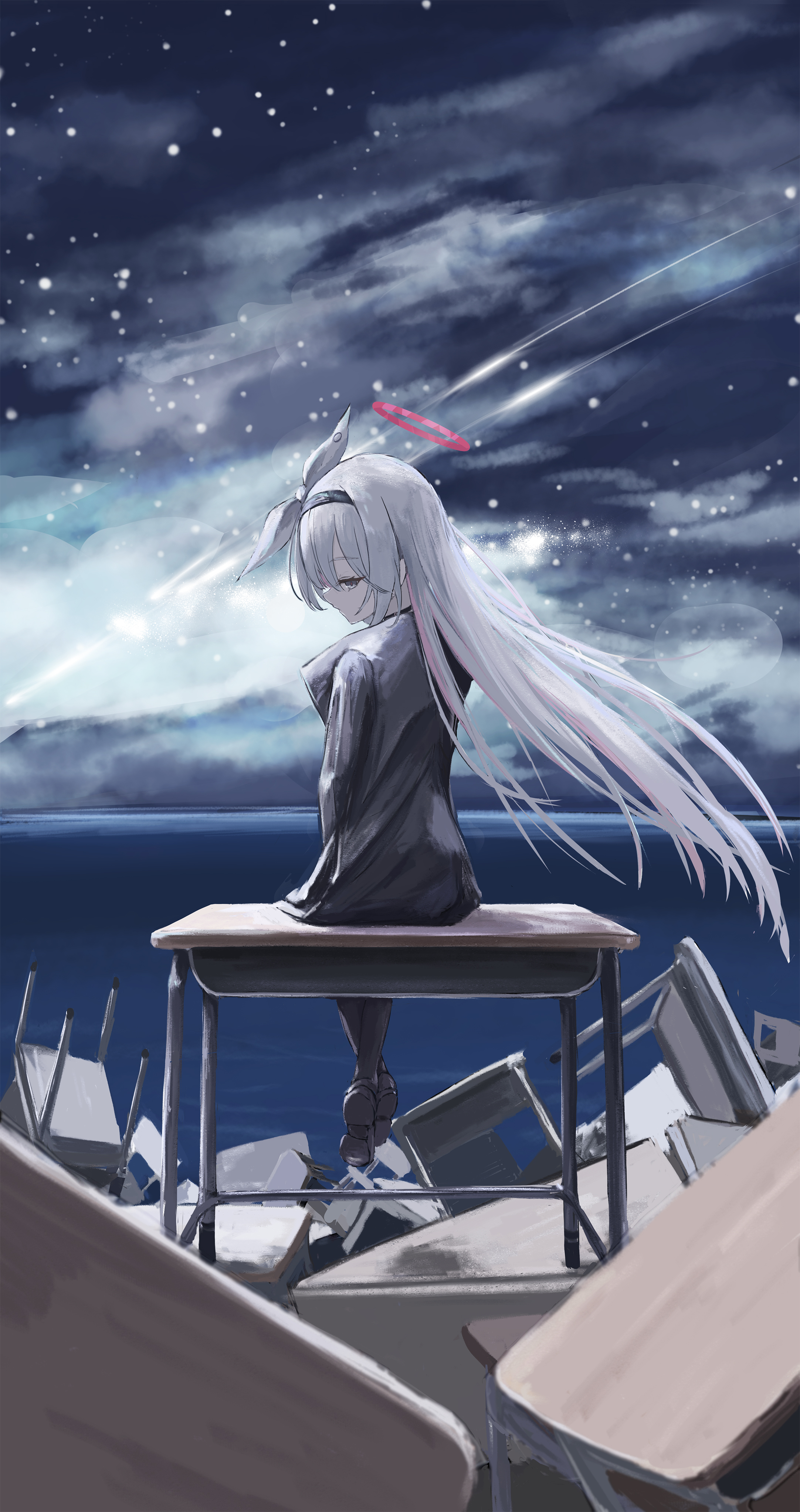 plana (blue archive), blue archive, absurdres, highres, 1girl, black hairband, black jacket, black pantyhose, black shoes, black skirt, colored inner hair, desk, from behind, hair ribbon, hairband, halo, jacket, kogure0012, looking down, multicolored hair, on desk, pantyhose, pink hair, pink halo, ribbon, scenery, shoes, sitting, skirt, solo, two-tone hair, white hair, white ribbon