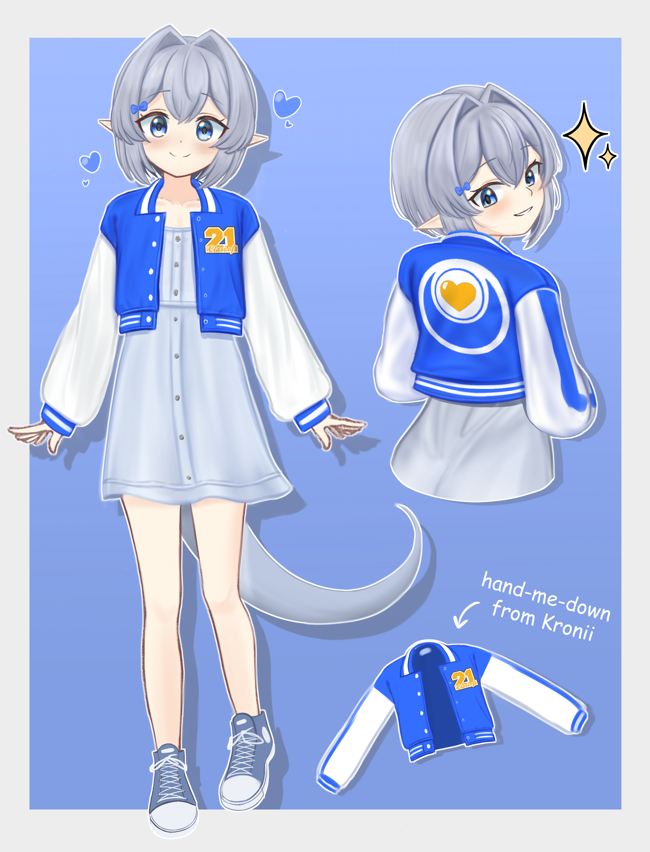 basher, boros (ouro kronii), hololive, hololive english, absurdres, commentary, english commentary, highres, 1boy, bare legs, blue background, border, cropped jacket, crossdressing, crossdressing (mtf), dress, english text, full body, grey border, grey dress, grey hair, hair intakes, heart, jacket, light blush, long sleeves, looking at viewer, male focus, multiple views, personification, pointy ears, shoes, short hair, simple background, smile, snake boy, snake tail, sneakers, sparkle, tail, trap, virtual youtuber