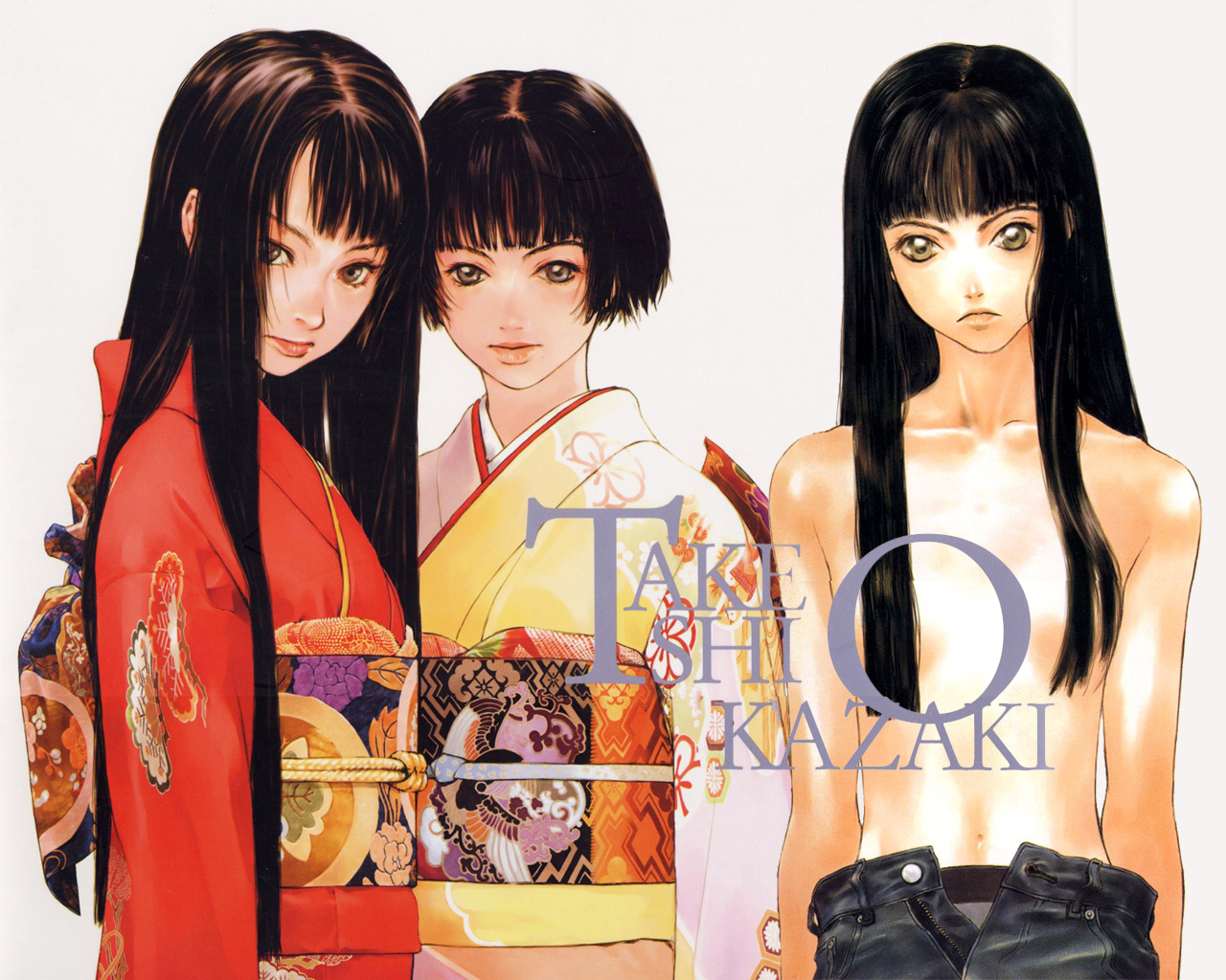 okazaki takeshi, 3girls, black hair, blunt bangs, brown eyes, brown hair, flat chest, japanese clothes, kimono, lips, long hair, multiple girls, short hair, topless female
