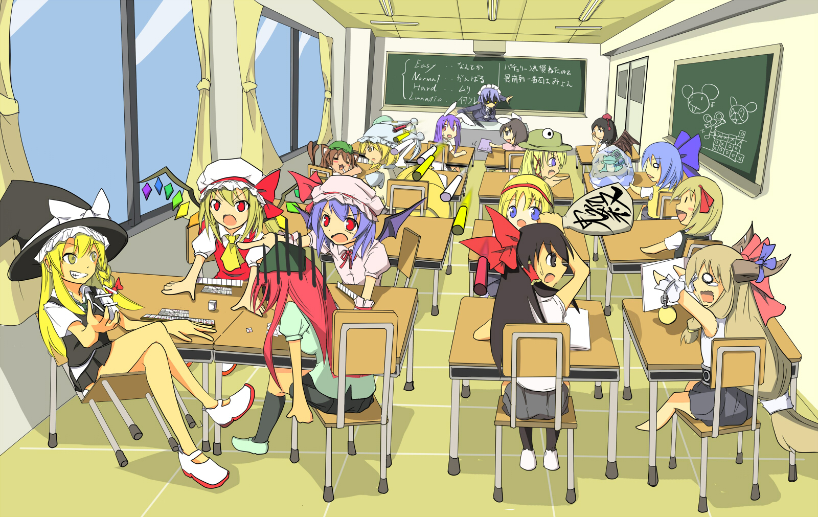 mukuroi, alice margatroid, chen, cirno, flandre scarlet, hakurei reimu, hong meiling, ibuki suika, inaba tewi, izayoi sakuya, kirisame marisa, konpaku youmu, moriya suwako, reisen udongein inaba, remilia scarlet, rumia, shameimaru aya, yakumo ran, touhou, black legwear, highres, translated, 6+girls, alternate costume, animal ears, animal hat, bad anatomy, blonde hair, board game, chalk, chalkboard, classroom, contemporary, desk, everyone, female focus, hat, indoors, mahjong, mob cap, multiple girls, playing games, poorly drawn, rabbit ears, saliva, school, school desk, shoes, sleeping, socks, wings