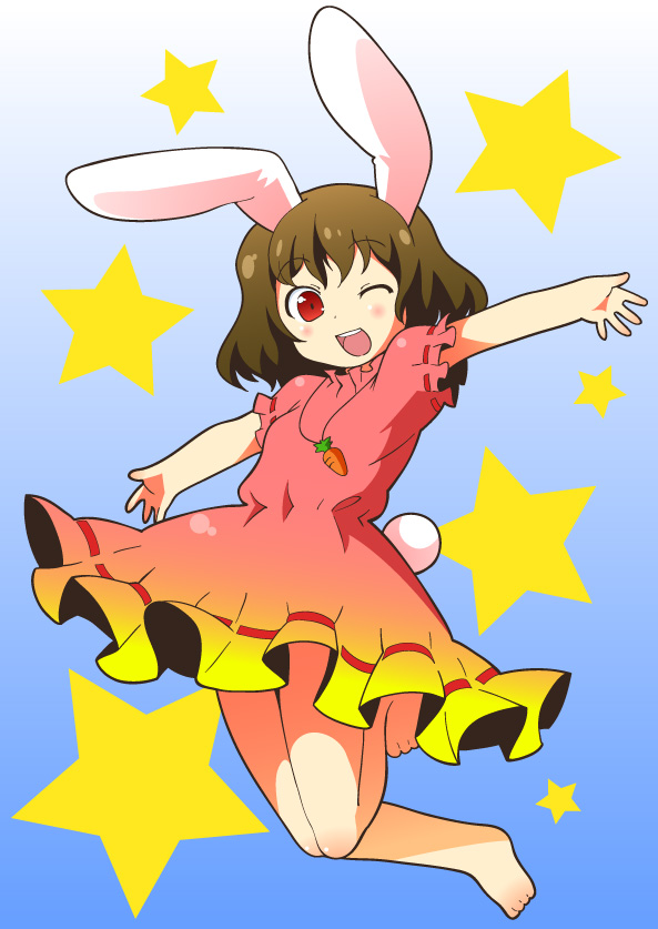 azuharu, azumi haruhito, azumiharu, hito, inaba tewi, touhou, bad id, bad pixiv id, 1girl, animal ears, barefoot, black hair, blush, carrot, carrot necklace, dress, female focus, jewelry, jumping, leg lift, necklace, one eye closed, pendant, rabbit ears, rabbit girl, rabbit tail, red eyes, short hair, solo, star (symbol), tail, wink