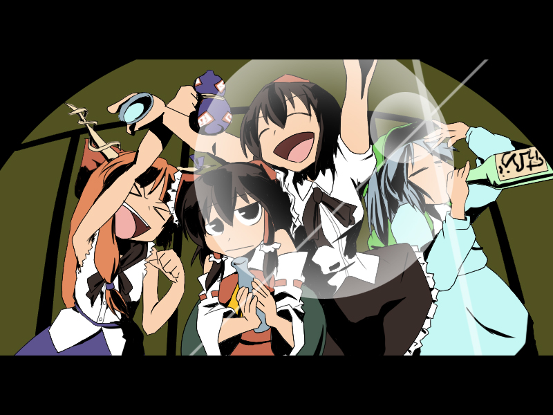 fukumoto yutaka, kumo, hakurei reimu, ibuki suika, kawashiro nitori, shameimaru aya, tengen toppa gurren lagann, touhou, 4girls, :d, ^ ^, black hair, blue dress, blue hair, clenched hand, closed eyes, dress, expressionless, female focus, glint, hat, horns, letterboxed, long hair, long sleeves, looking at viewer, multiple girls, oni, open mouth, orange hair, outstretched arms, parody, raised fist, short hair, smile, style parody, tokin hat, very long hair