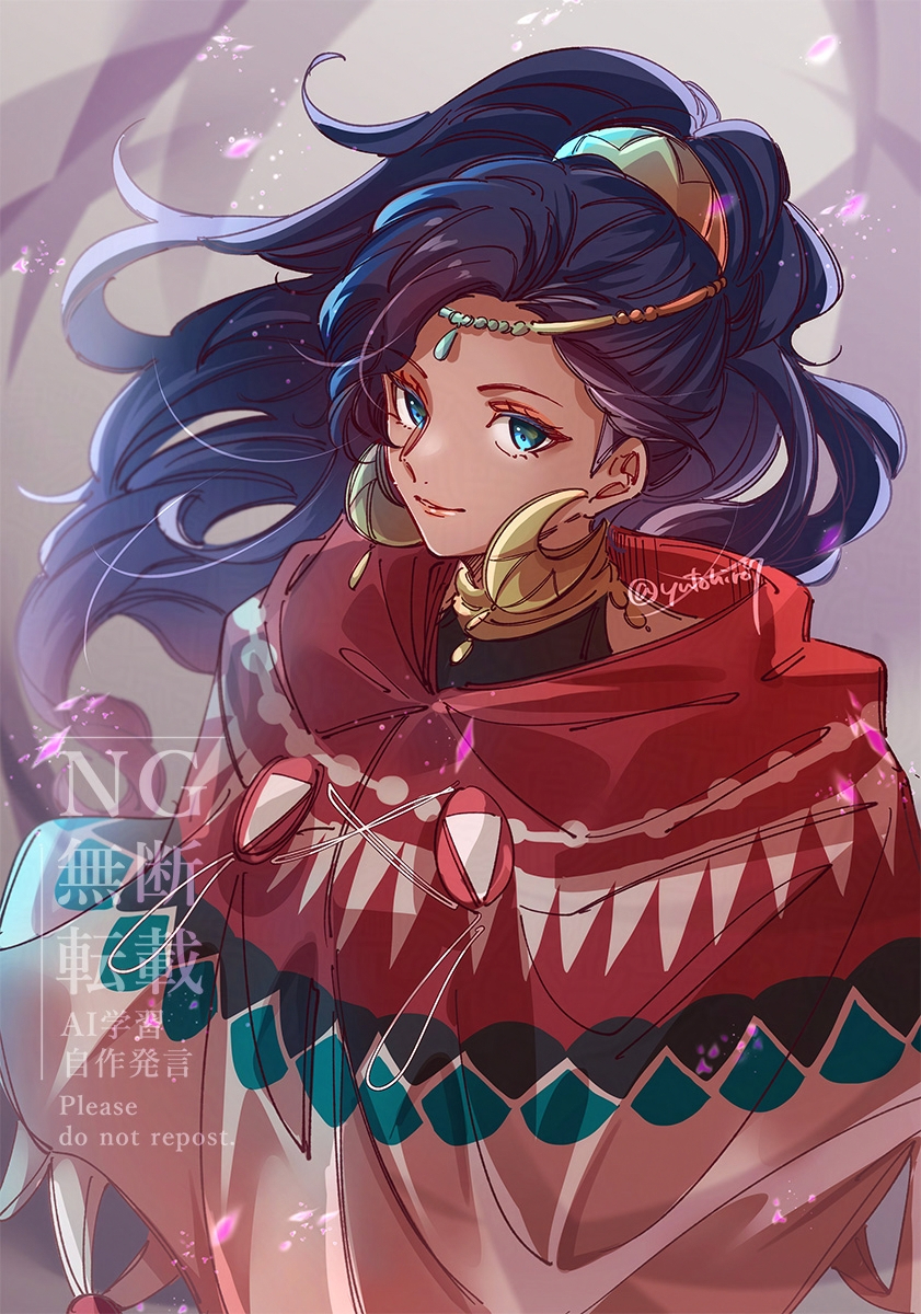 yutohiroya, leda (fire emblem), fire emblem, fire emblem: fortune's weave, nintendo, highres, 1girl, blue eyes, blue hair, cloak, crescent, crescent earrings, dark-skinned female, dark skin, earrings, gold choker, gold earrings, high ponytail, hood, hooded cloak, jewelry, looking at viewer, poncho, ponytail, red cloak, smile, upper body