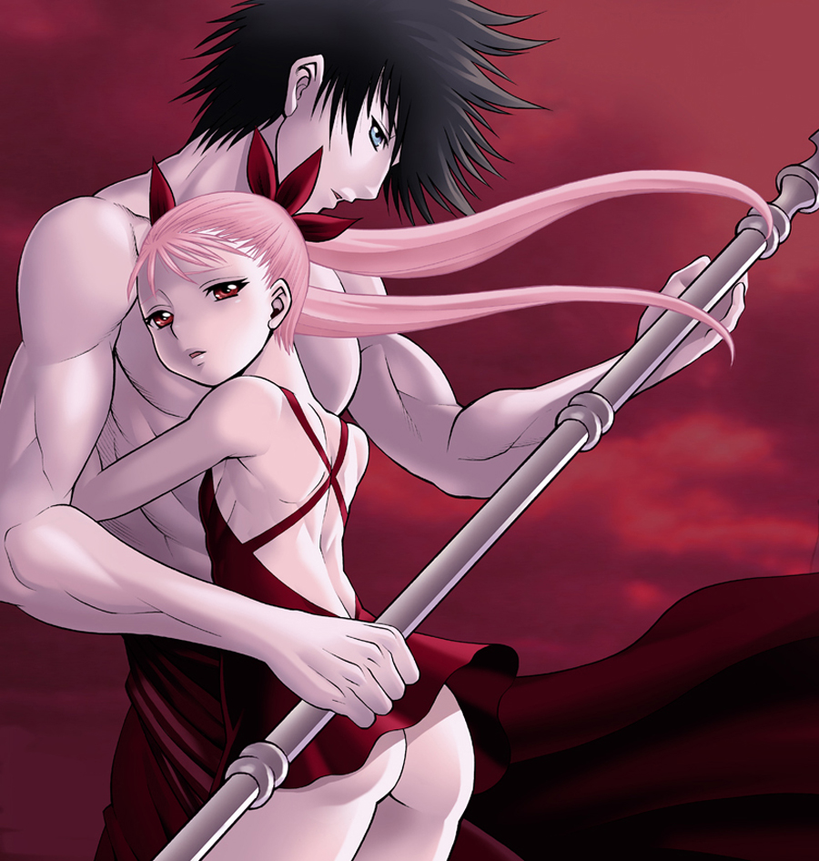 tamaki nozomu, kaburagi akira, mina tepes, dance in the vampire bund, 1boy, 1girl, ass, black hair, blue eyes, couple, dress, flat chest, hair ribbon, loli, muscular, no bra, no panties, pink hair, polearm, red eyes, ribbon, spear, topless female, topless male, twintails, weapon