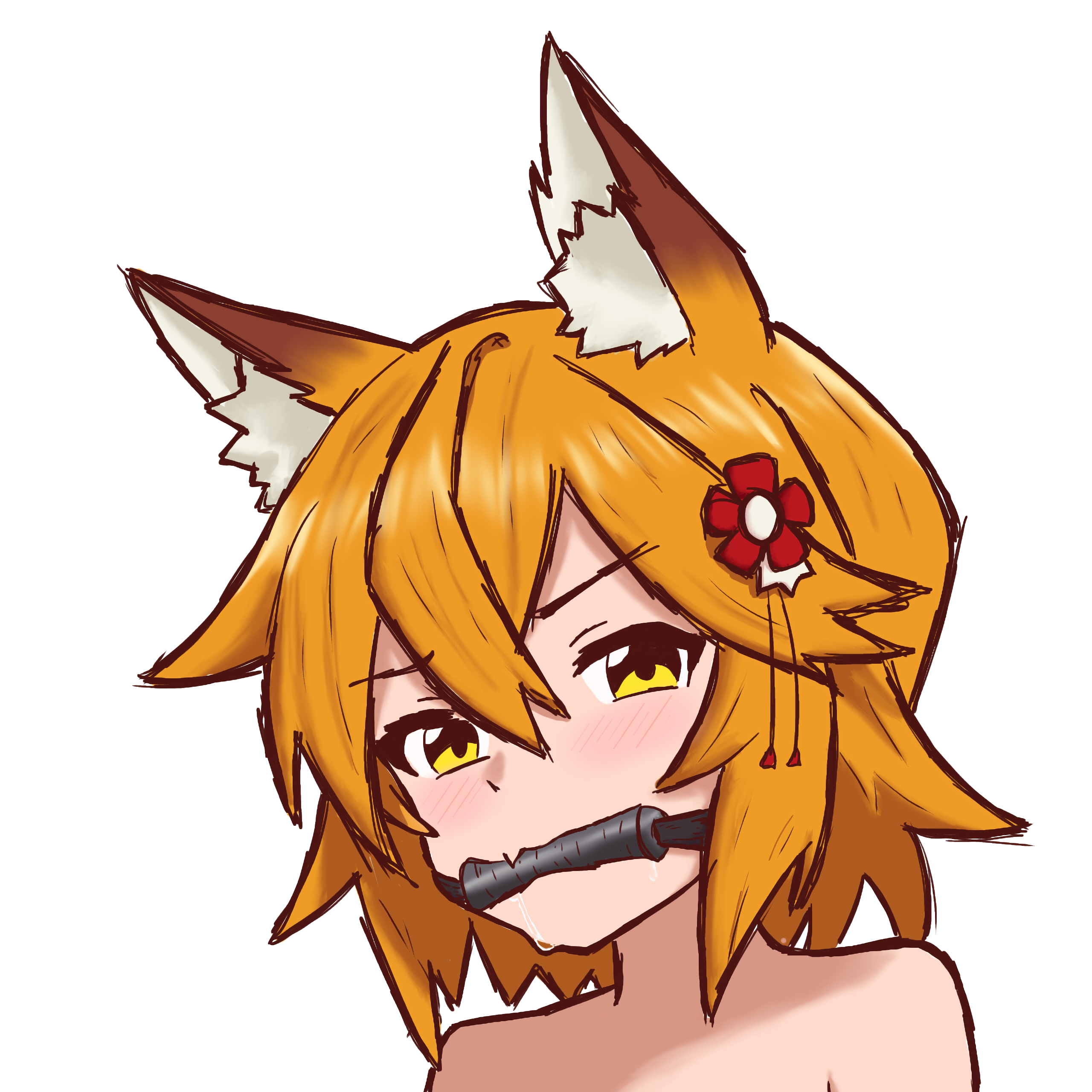 senko (sewayaki kitsune no senko-san), sewayaki kitsune no senko-san, absurdres, highres, 1girl, 2025, animal ear fluff, animal ears, bare shoulders, bdsm, belt, blonde hair, blush, bondage, bound, fang, flower, fox ears, fox girl, fox tail, gag, gagged, hair between eyes, hair flower, hair ornament, k1nky, kitsune, looking at viewer, restrained, short hair, smile, solo, strap, tail, white background, yellow eyes