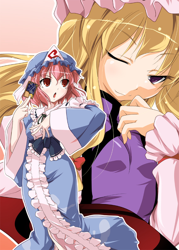 ko-chin, saigyouji yuyuko, yakumo yukari, touhou, 2girls, ;), blonde hair, center frills, evil smile, female focus, frills, hat, japanese clothes, kimono, long sleeves, looking at viewer, mob cap, multiple girls, one eye closed, pink eyes, purple eyes, smile, tabard, triangular headpiece, wide sleeves