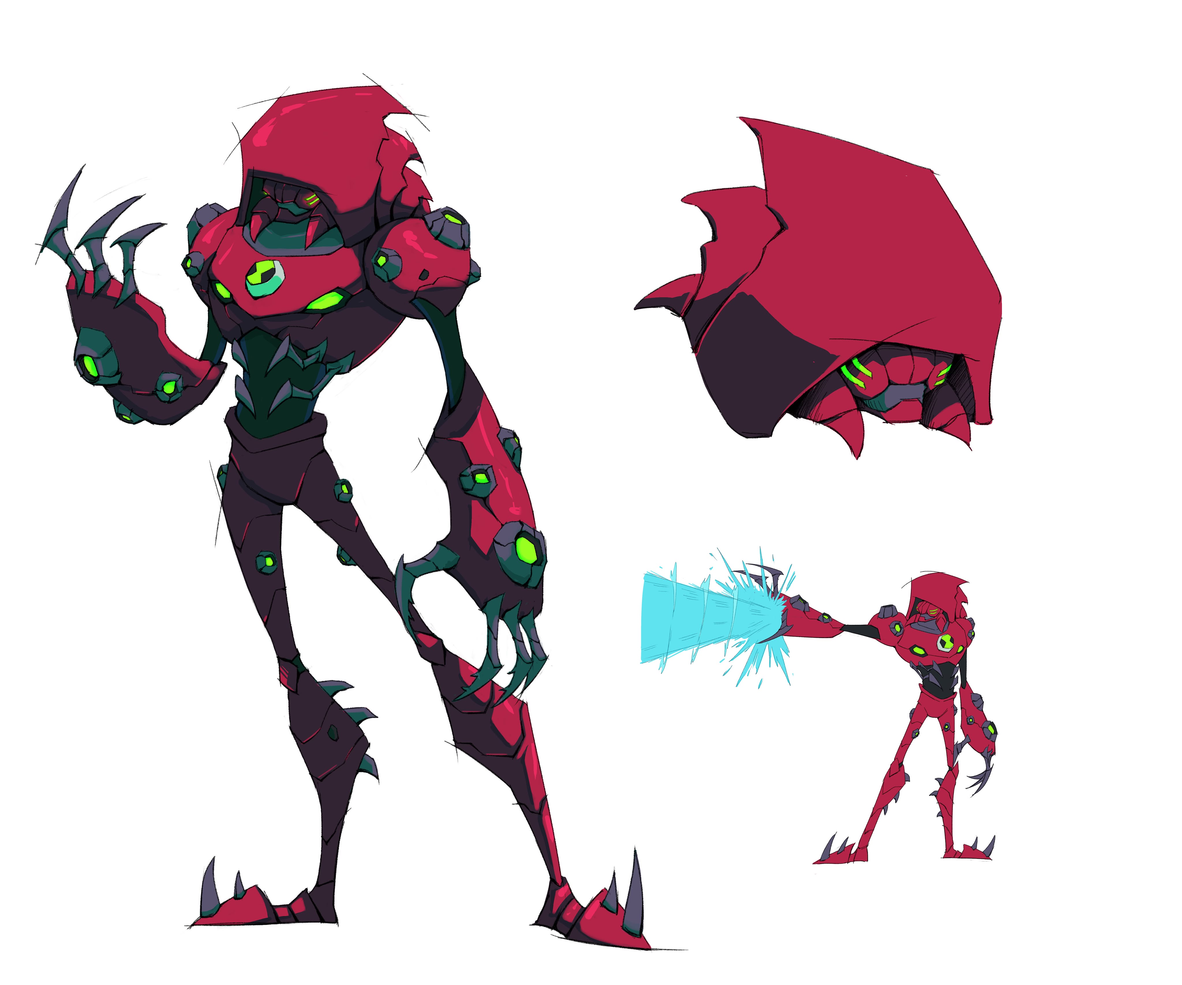 ben 10, ben 10: omniverse, absurdres, commentary, english commentary, highres, 1boy, alien, armor, claws, glowing, glowing eyes, helmet, hood, hydrokinesis, kirart1310, multiple views, omnitrix, red armor, reference sheet, science fiction, standing, water, waterhazard (ben 10), white background