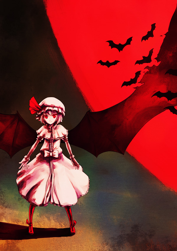 kashiwagi kazuhiro, remilia scarlet, touhou, silver hair, 1girl, animal, bat (animal), boots, dress, female focus, full body, hat, legs apart, looking at viewer, pink hat, puffy short sleeves, puffy sleeves, red boots, red eyes, scenery, short hair, short sleeves, solo, standing, white dress