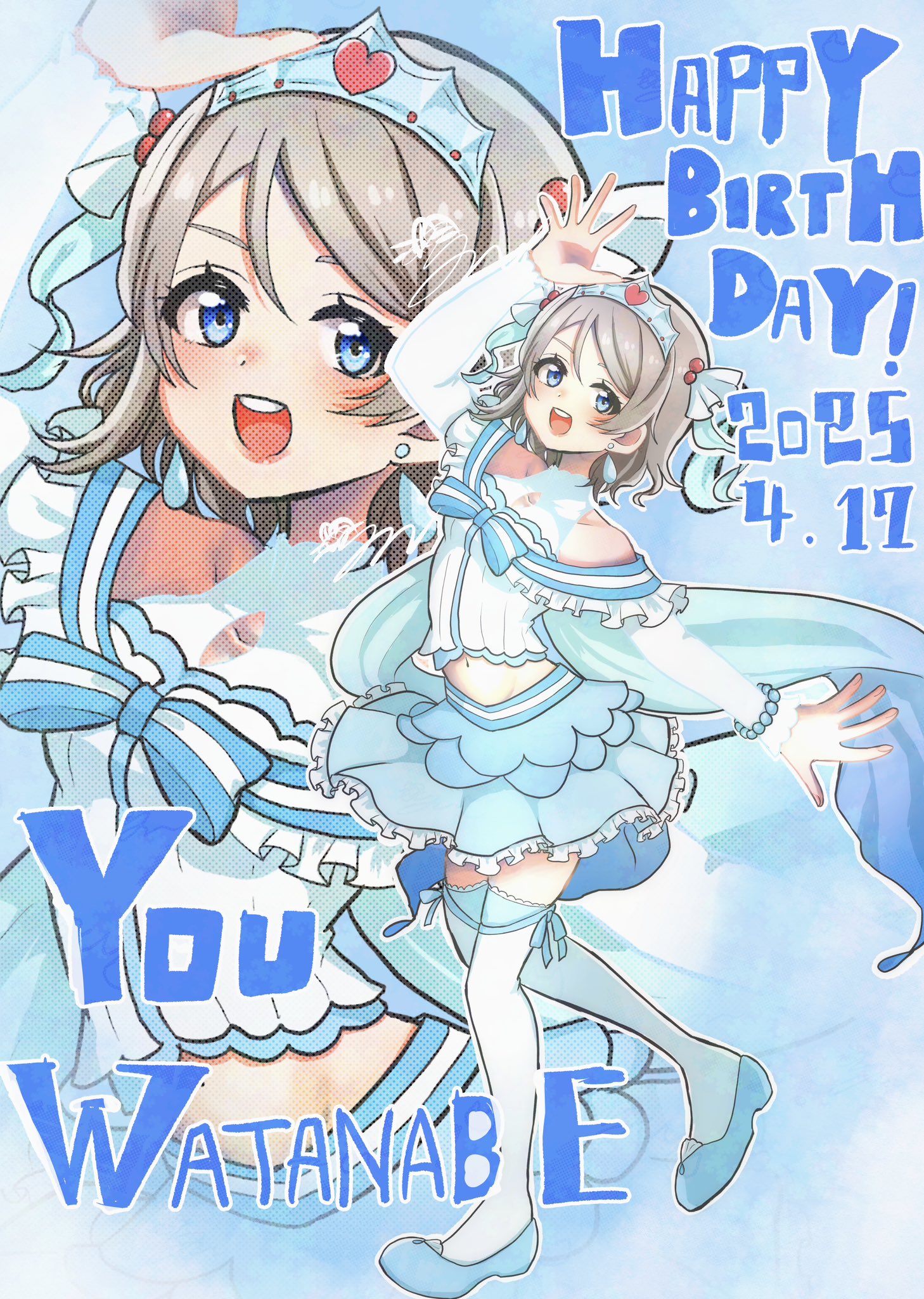 yanase (rkrkym), watanabe you, love live!, love live! sunshine!!, commentary, highres, 1girl, birthday, blue background, blue eyes, brown hair, character name, collarbone, dated, detached sleeves, earrings, english text, full body, happy birthday, jewelry, koi ni naritai aquarium, looking at viewer, midriff, shoes, short hair, signature, solo, thighhighs, tiara, upper body
