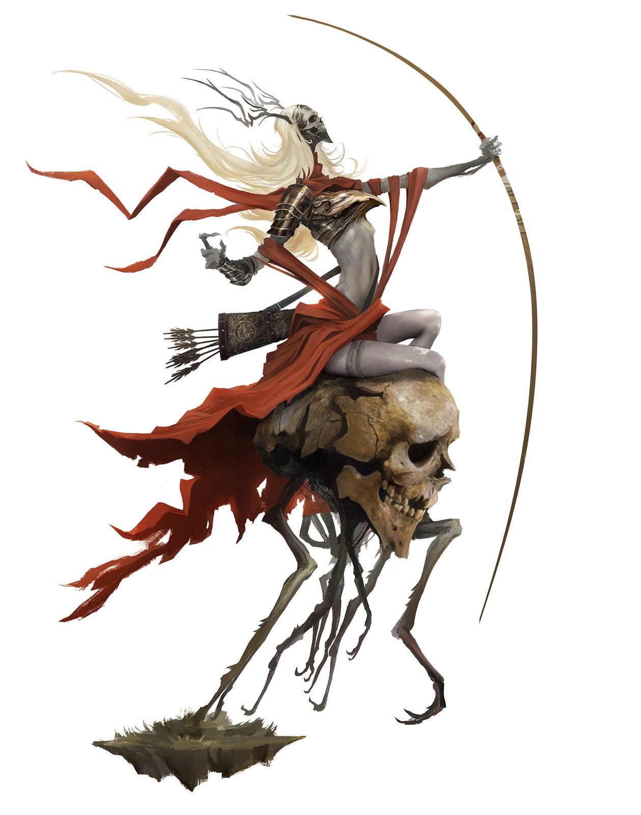 original, highres, 1girl, alexandre chaudret, antlers, archery, blonde hair, bow (weapon), colored skin, creature, grey skin, holding, holding bow (weapon), holding weapon, horns, long hair, multiple legs, navel, quiver, riding, skull, solo, weapon