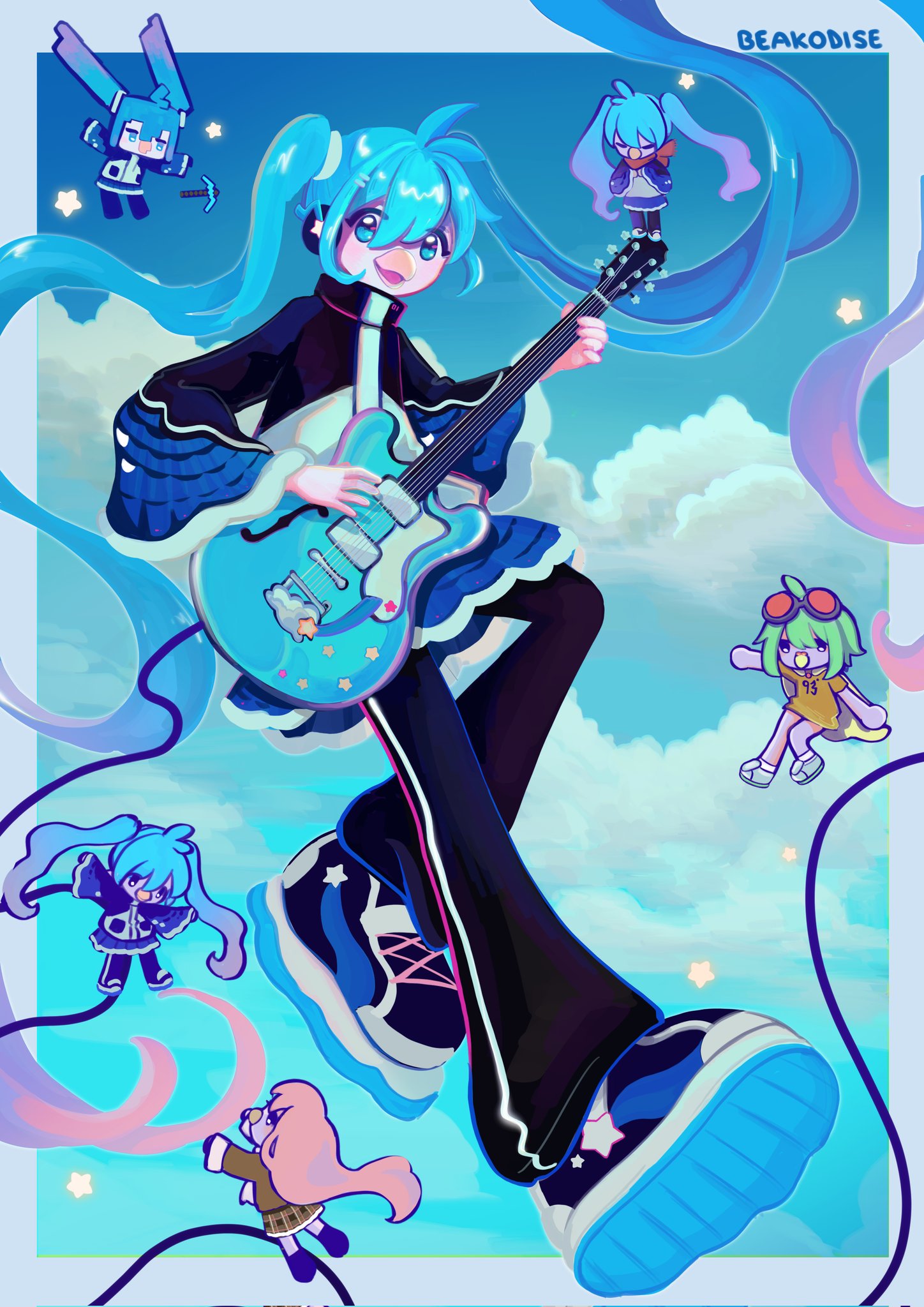 moss (honey cosmos), gumi, hatsune miku, vocaloid, commentary, english commentary, highres, 3girls, aqua hair, artist name, bass guitar, beak, black pants, black shoes, blue eyes, blue theme, chibi, chibi inset, cloud, full body, goggles, goggles on head, gradient hair, green hair, hair between eyes, instrument, jacket, minecraft pickaxe, multicolored hair, multicolored jacket, multiple girls, pants, pickaxe, pink hair, purple hair, red-tinted eyewear, shirt, shoes, star (symbol), tinted eyewear, twintails, yellow shirt