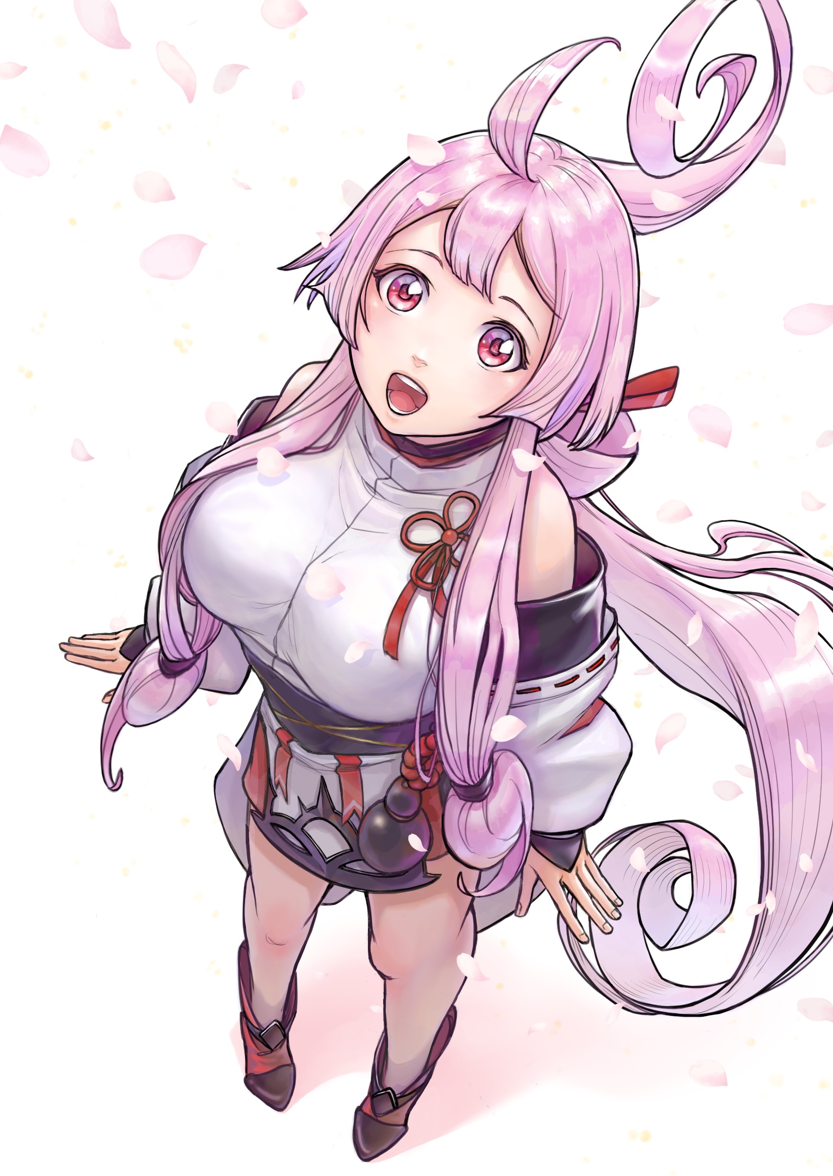gedosenki-nt84, another eden, absurdres, commentary request, highres, 1girl, ahoge, bare shoulders, black sash, boots, breasts, cherry blossoms, detached sleeves, falling petals, hair ornament, huge ahoge, japanese clothes, kimono, long hair, long sidelocks, low-tied sidelocks, low ponytail, medium breasts, obi, open mouth, pelvic curtain, petals, pink hair, ponytail, red boots, sash, sazanka (another eden), sidelocks, simple background, solo, teeth, tongue, very long sidelocks, white background, white kimono, wide sleeves