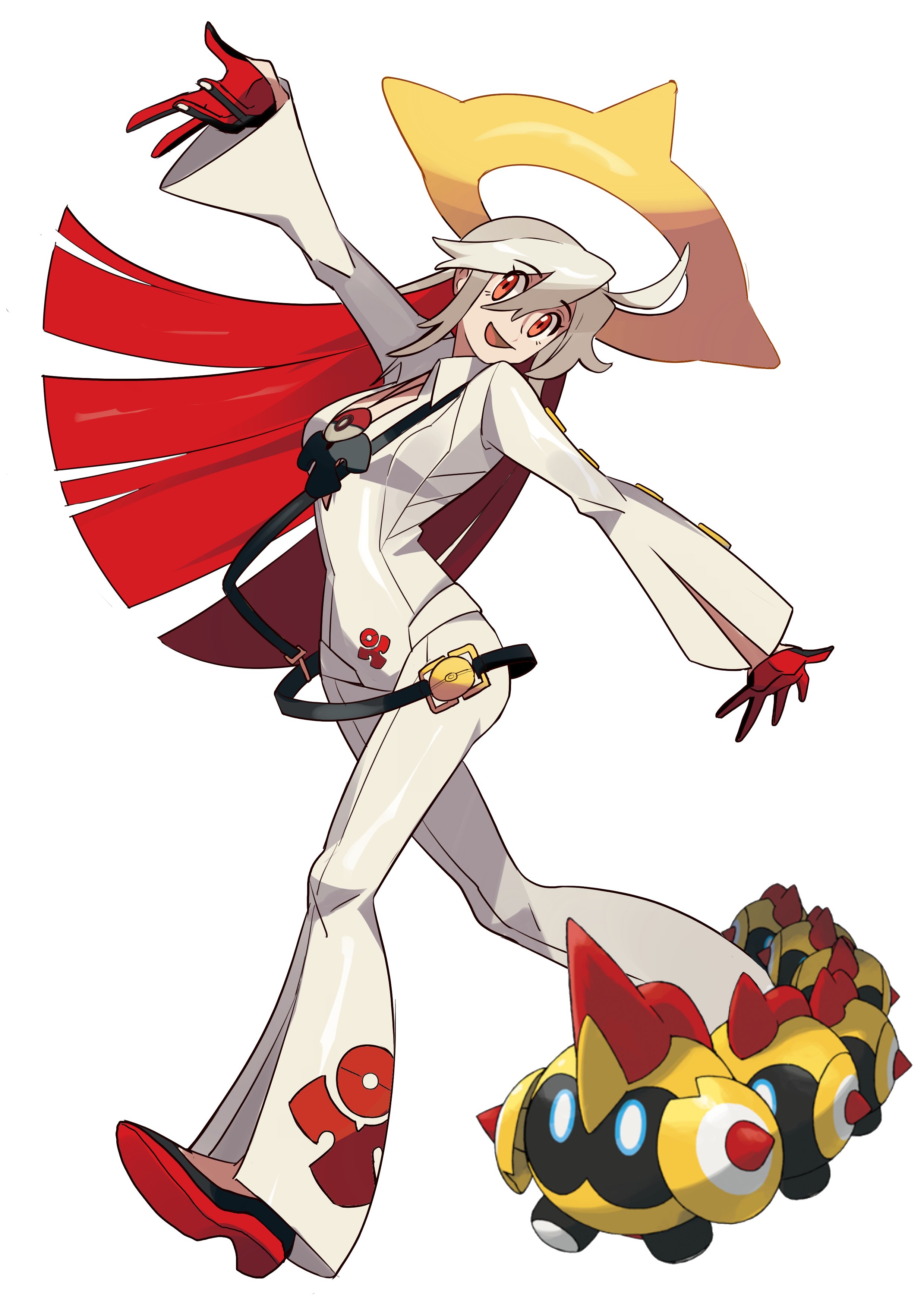 borcheim, falinks, jack-o' valentine, guilty gear, guilty gear strive, nintendo, pokemon, pokemon swsh, absurdres, highres, 1girl, bodysuit, crossover, gen 8 pokemon, halo, long hair, marching, multicolored hair, outstretched arms, poke ball, pokemon (creature), red eyes, red hair, smile, spiked halo, two-tone hair, white background, white bodysuit, white hair