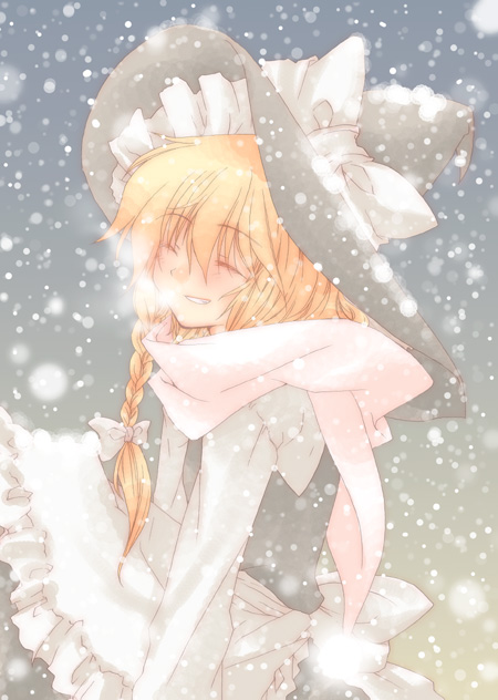kokono coco, kirisame marisa, perfect cherry blossom, touhou, 1girl, braid, dress, female focus, gradient background, hair ribbon, hat, outdoors, ribbon, snow, solo, witch, witch hat