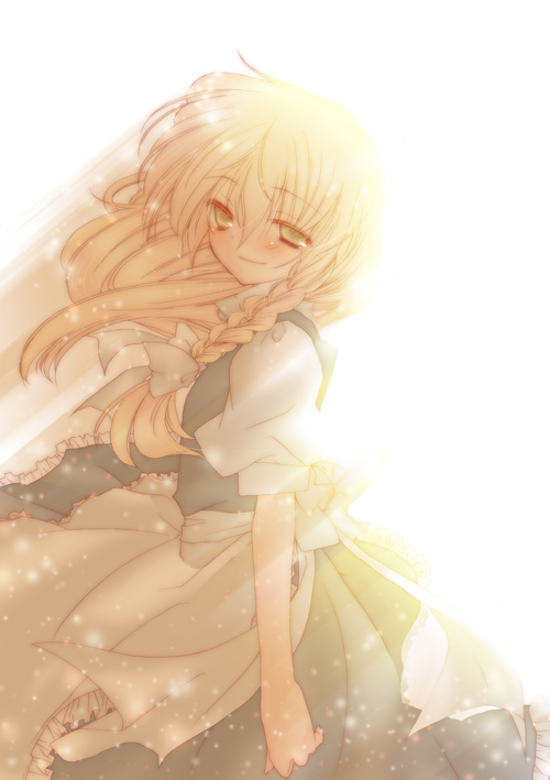 kokono coco, kirisame marisa, touhou, 1girl, apron, backlighting, blonde hair, braid, female focus, frills, hair ribbon, no headwear, ribbon, smile, solo, wind, yellow eyes