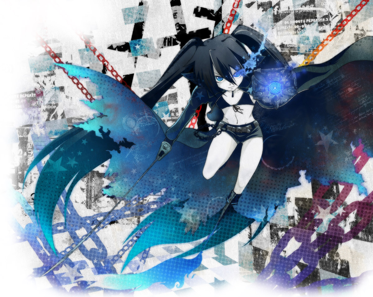 auer, black rock shooter (character), hatsune miku, black rock shooter, vocaloid, bad id, bad pixiv id, 10s, black hair, blue eyes, chain, gun, katana, long hair, midriff, shorts, sword, twintails, weapon
