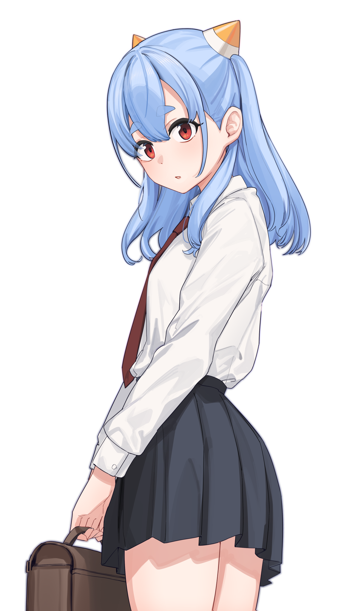 aningay, aningay (vtuber), indie virtual youtuber, commentary request, highres, korean commentary, 1girl, :o, black skirt, blue hair, briefcase, collared shirt, holding, long hair, looking at viewer, looking to the side, necktie, parted lips, pleated skirt, red eyes, red necktie, school briefcase, school uniform, shirt, simple background, skirt, solo, thick eyebrows, two side up, virtual youtuber, white background, white shirt