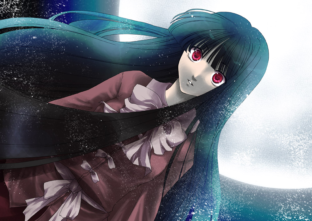 kokono coco, houraisan kaguya, touhou, 1girl, black hair, bow, dutch angle, female focus, floating hair, hime cut, long hair, looking at viewer, moon, red eyes, red theme, solo, staring