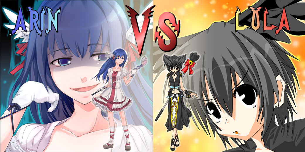 arin (pangya), lola, lola (pangya), pangya, 2girls, black hair, blue hair, long hair, multiple girls, short hair