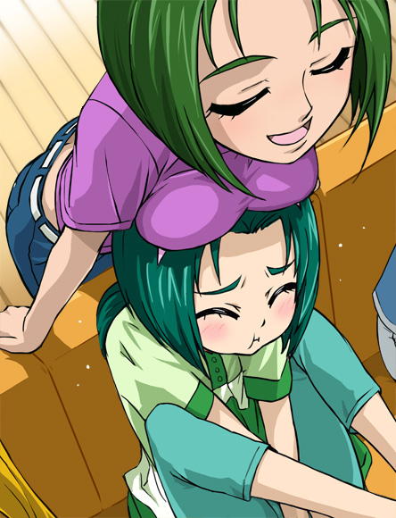 haruyama kazunori, akimoto komachi, akimoto madoka, precure, yes! precure 5, 00s, 2girls, :t, blush, breast rest, breasts, breasts on head, butt crack, closed eyes, couch, denim, green hair, jeans, multiple girls, pants, short hair, siblings, sisters, yellow upholstery