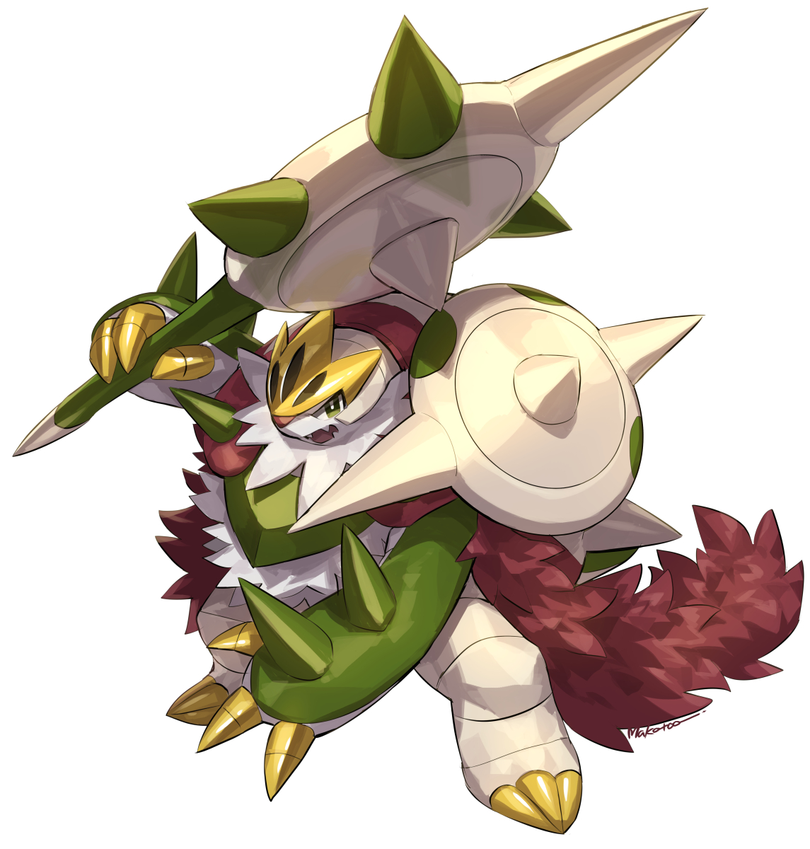 makoto ikemu, chesnaught, mega chesnaught, nintendo, pokemon, commentary request, highres, 1other, artist name, claws, fangs, gen 6 pokemon, holding, holding polearm, holding weapon, looking at viewer, no humans, open mouth, pokemon (creature), polearm, spikes, weapon, white background