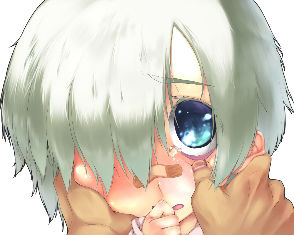 midori no ruupe, ginko (mushishi), mushishi, silver hair, 1boy, bandaid, blue eyes, blush, cheek pinching, child, hair over one eye, male focus, pinching, short hair, solo, tears
