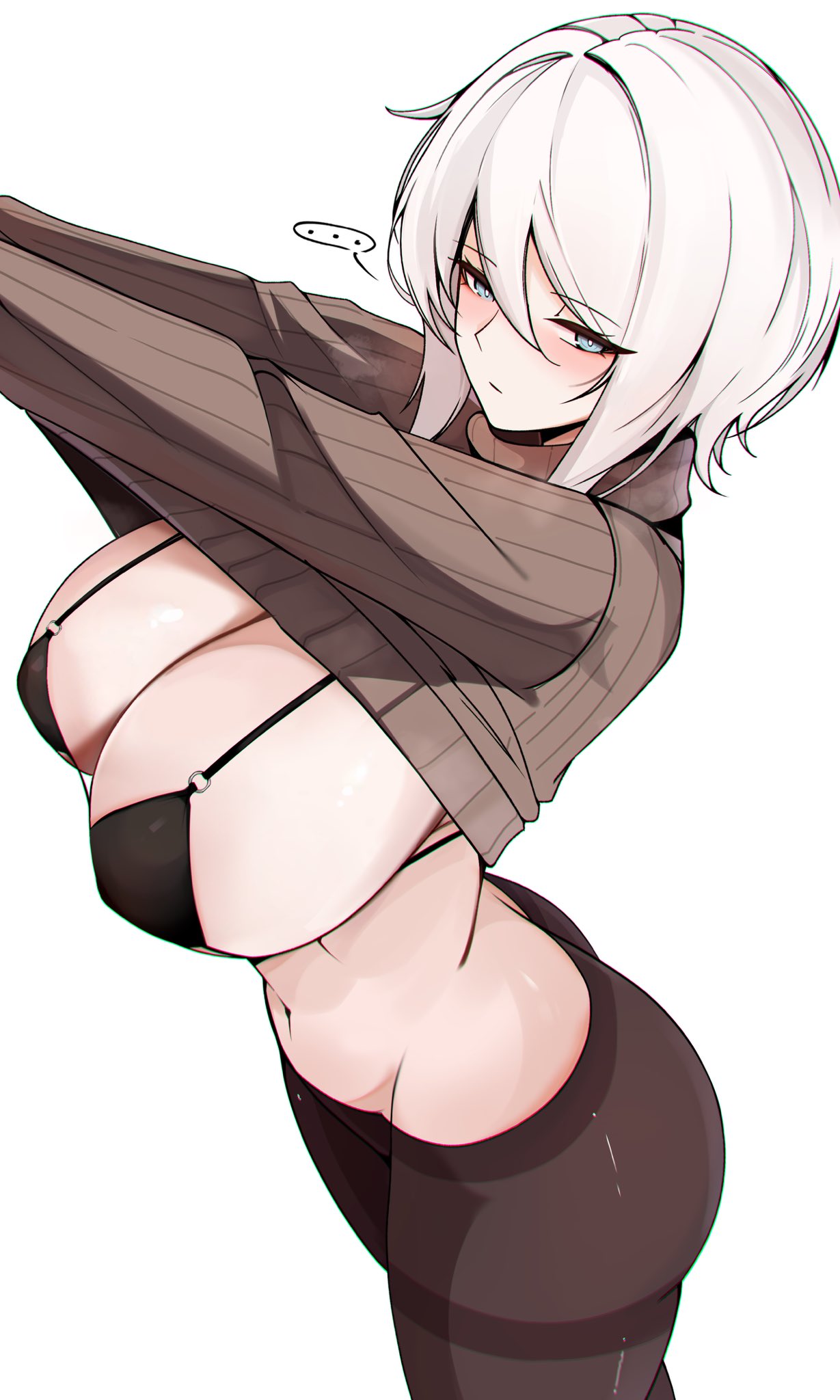 m ayonessa, faust (project moon), limbus company, project moon, highres, …, blue eyes, breasts, brown pantyhose, large breasts, navel, o-ring, o-ring top, pantyhose, simple background, speech bubble, thighband pantyhose, white background, white hair