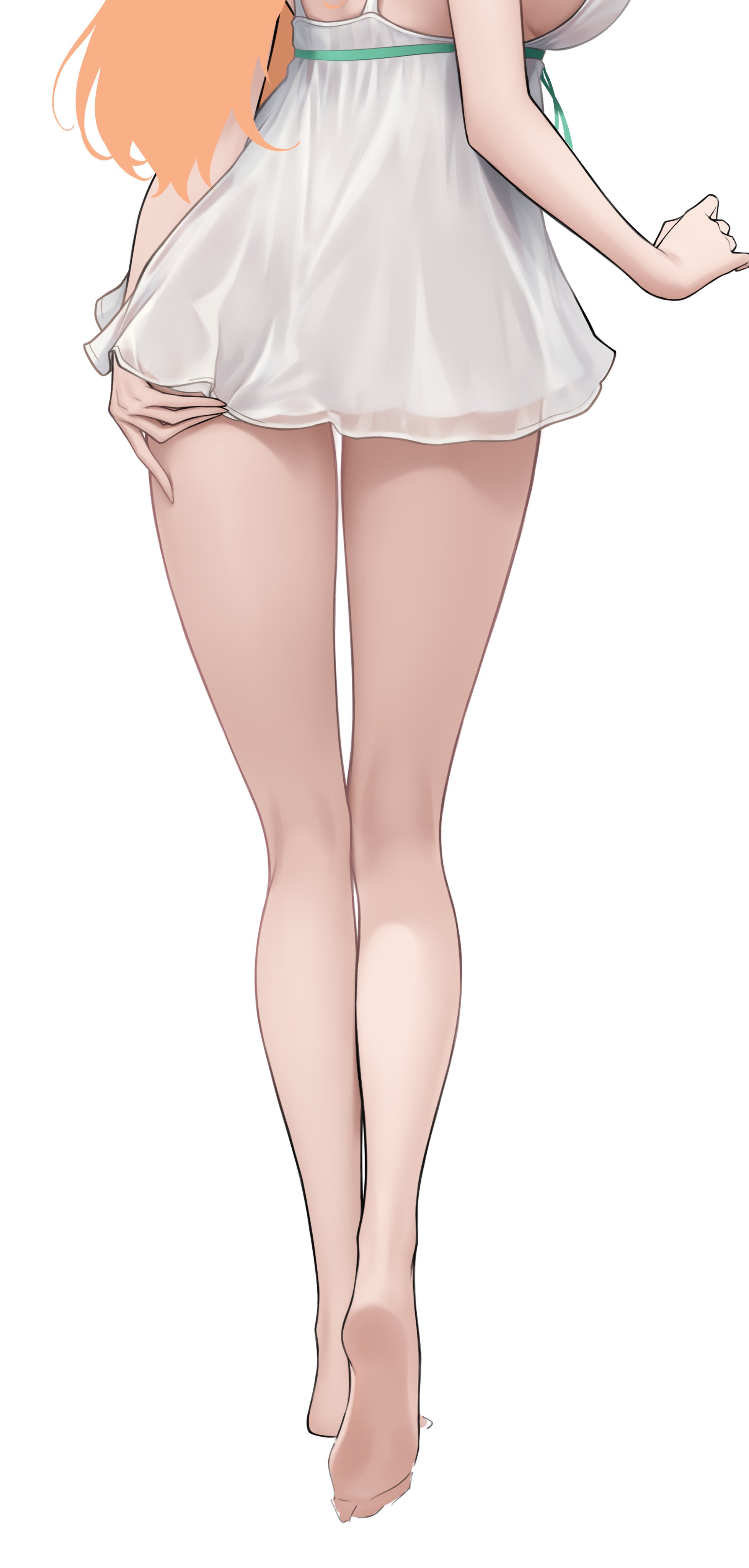 somebody (leiking00), takanashi kiara, hololive, hololive english, absurdres, commentary, english commentary, highres, unfinished, 1girl, alternate costume, alternate hairstyle, barefoot, breasts, from behind, large breasts, orange hair, sideboob, simple background, solo, virtual youtuber, white background