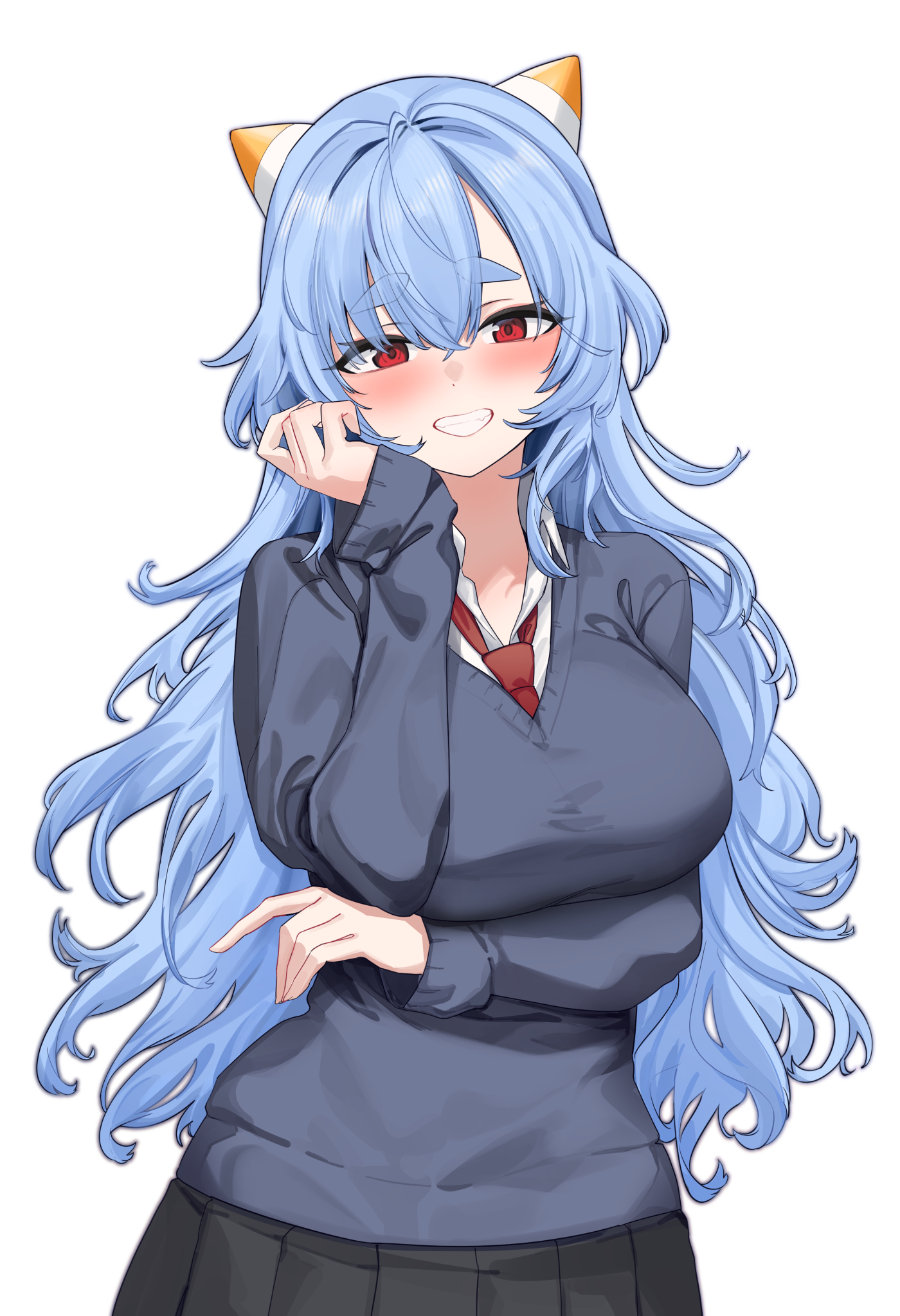 aningay, aningay (vtuber), indie virtual youtuber, commentary request, highres, korean commentary, 1girl, black skirt, blue hair, blue sweater, blush, breasts, collared shirt, grin, hair between eyes, hand up, large breasts, long hair, long sleeves, looking at viewer, necktie, pleated skirt, red eyes, red necktie, shirt, short eyebrows, simple background, skirt, sleeves past wrists, smile, solo, sweater, thick eyebrows, very long hair, virtual youtuber, white background, white shirt