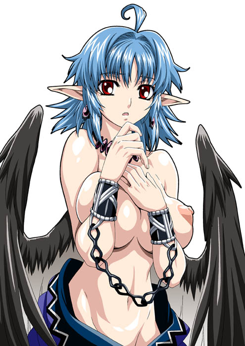 isse, original, breast hold, 1girl, ahoge, blue hair, breasts, breasts squeezed together, chain, covering breasts, covering privates, earrings, female focus, groin, jewelry, large breasts, necklace, nipples, pointy ears, red eyes, short hair, solo, topless female, wings