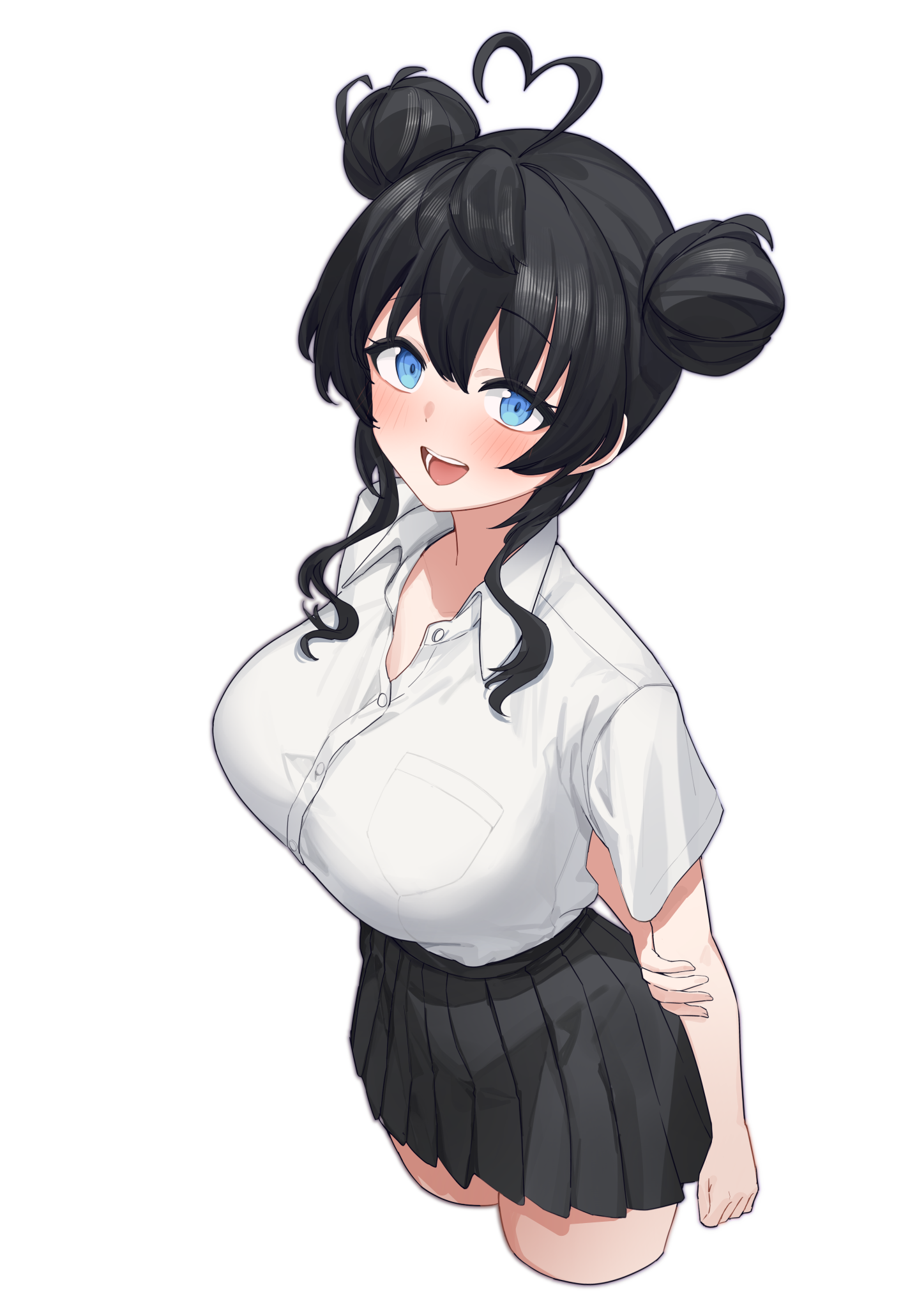 aningay, original, commentary request, copyright request, highres, korean commentary, 1girl, :d, ahoge, arm behind back, black hair, black skirt, blue eyes, blush, breasts, collared shirt, cropped legs, double bun, dress shirt, hair bun, hand on own elbow, heart, heart ahoge, large breasts, long hair, open mouth, pleated skirt, school uniform, shirt, short sleeves, simple background, skirt, smile, solo, white background, white shirt