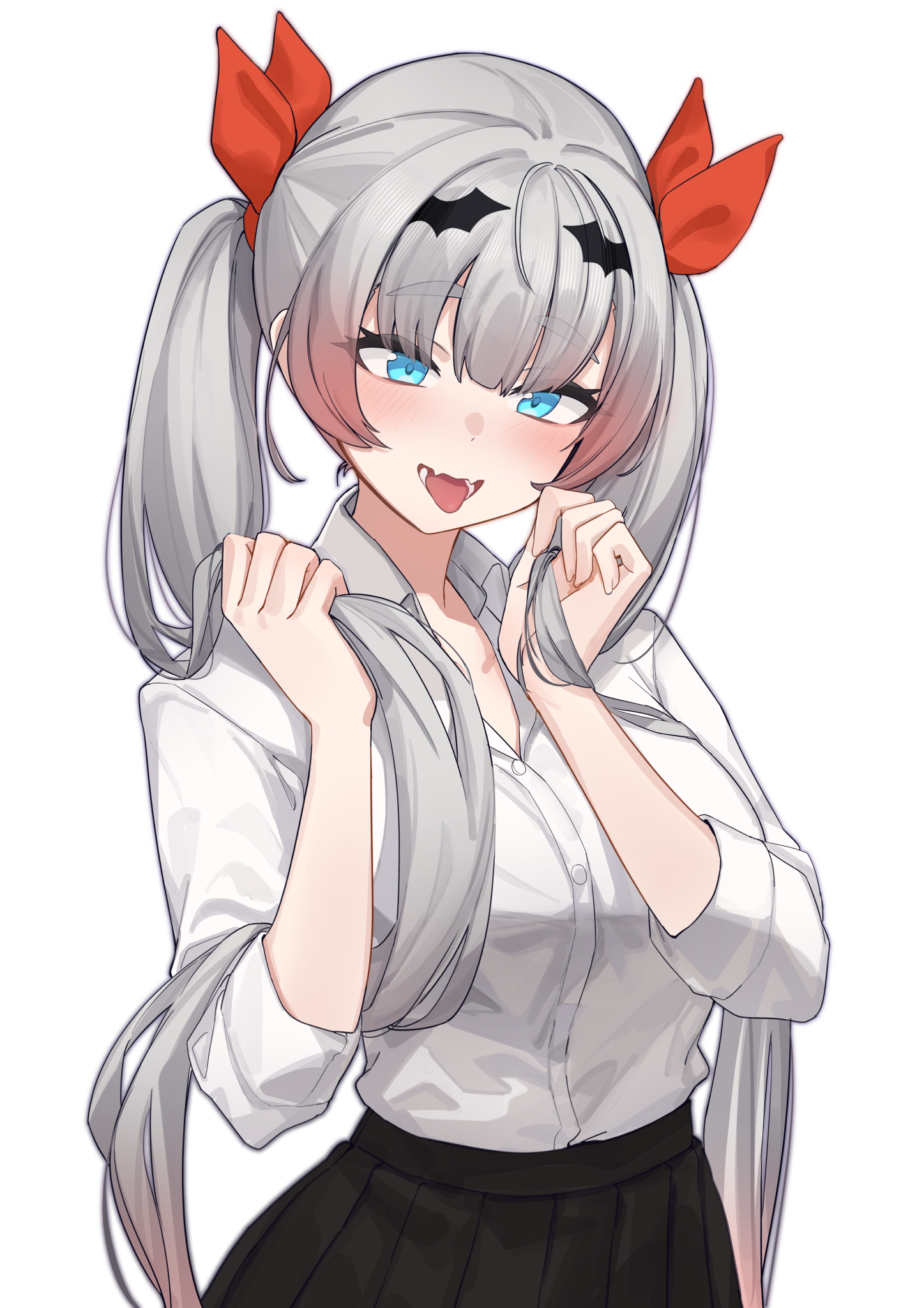 aningay, stelle scarlett fall-laune, indie virtual youtuber, commentary request, highres, korean commentary, 1girl, :d, black skirt, blue eyes, blush, breasts, collarbone, collared shirt, dress shirt, gradient hair, grey hair, hair ribbon, hands up, holding, holding own hair, long hair, long sleeves, multicolored hair, open mouth, pleated skirt, puffy long sleeves, puffy sleeves, red hair, red ribbon, ribbon, school uniform, shirt, simple background, skirt, small breasts, smile, solo, thick eyebrows, tongue, tongue out, twintails, very long hair, virtual youtuber, white background, white shirt
