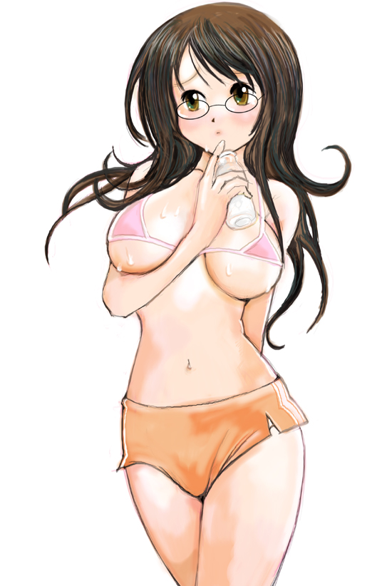 kazaana, 1girl, bikini, bikini top only, blush, bottle, breasts, brown hair, cowboy shot, female focus, glasses, large breasts, pink bikini, short shorts, shorts, simple background, solo, sweat, swimsuit