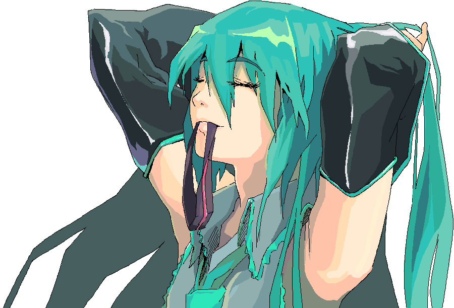 yakushiji takahito, hatsune miku, vocaloid, bad id, bad pixiv id, 1girl, adjusting hair, armpits, closed eyes, dressing, female focus, green hair, hairdressing, long hair, mouth hold, oekaki, simple background, solo, white background