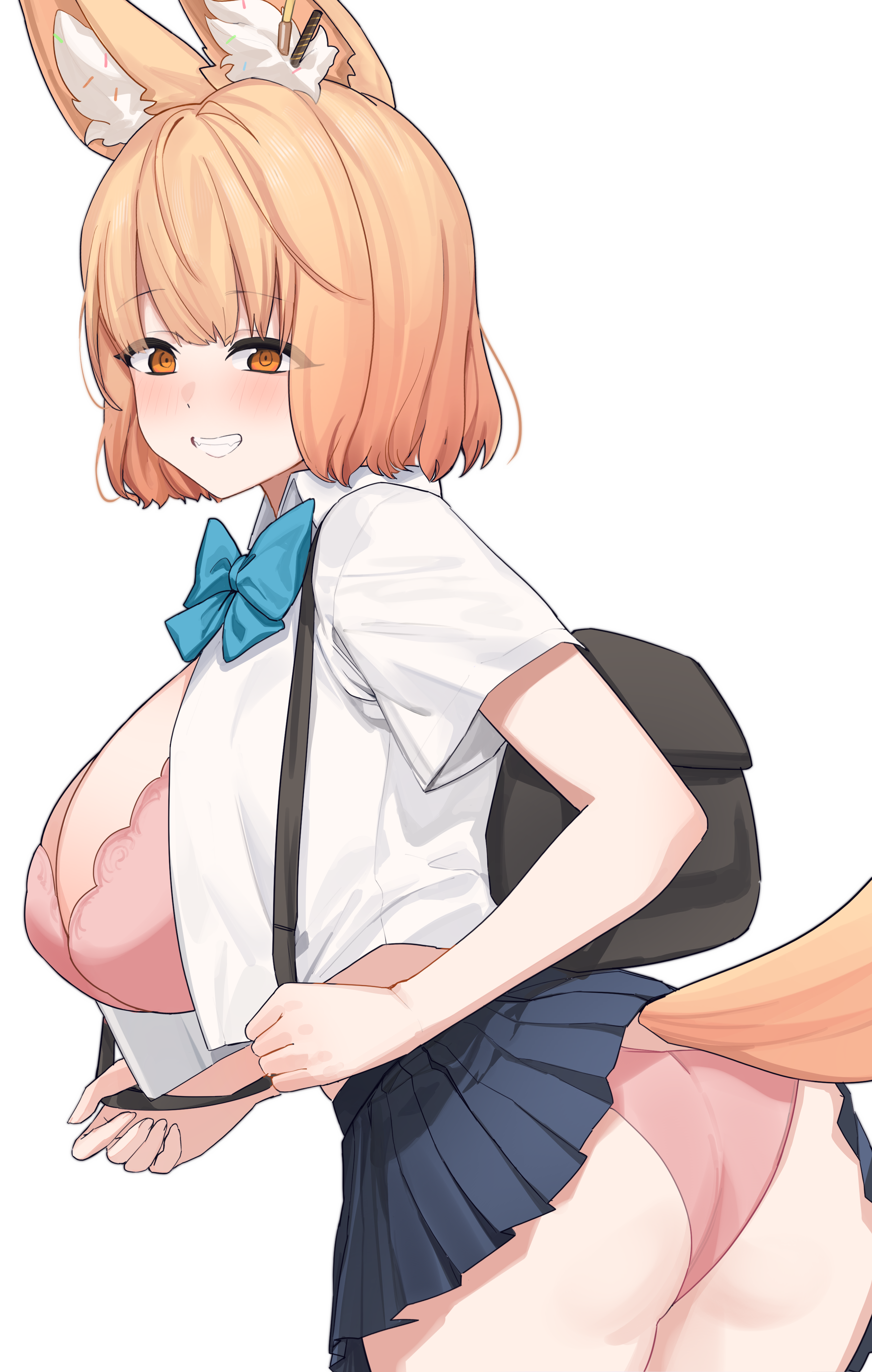 aningay, absurdres, alpha transparency, commentary request, copyright request, highres, korean commentary, 1girl, animal ear fluff, animal ears, ass, backpack, bag, black skirt, blonde hair, blue bow, blue bowtie, bow, bowtie, bra, breasts, brown eyes, collared shirt, large breasts, looking at viewer, open clothes, open shirt, panties, pink bra, pink panties, pleated skirt, school uniform, shirt, short hair, simple background, skirt, solo, tail, transparent background, underwear, virtual youtuber, white shirt