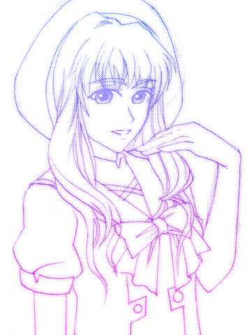 sheryl nome, macross, macross frontier, lowres, 00s, 1girl, female focus, hat, long hair, monochrome, purple theme, school uniform, serafuku, solo