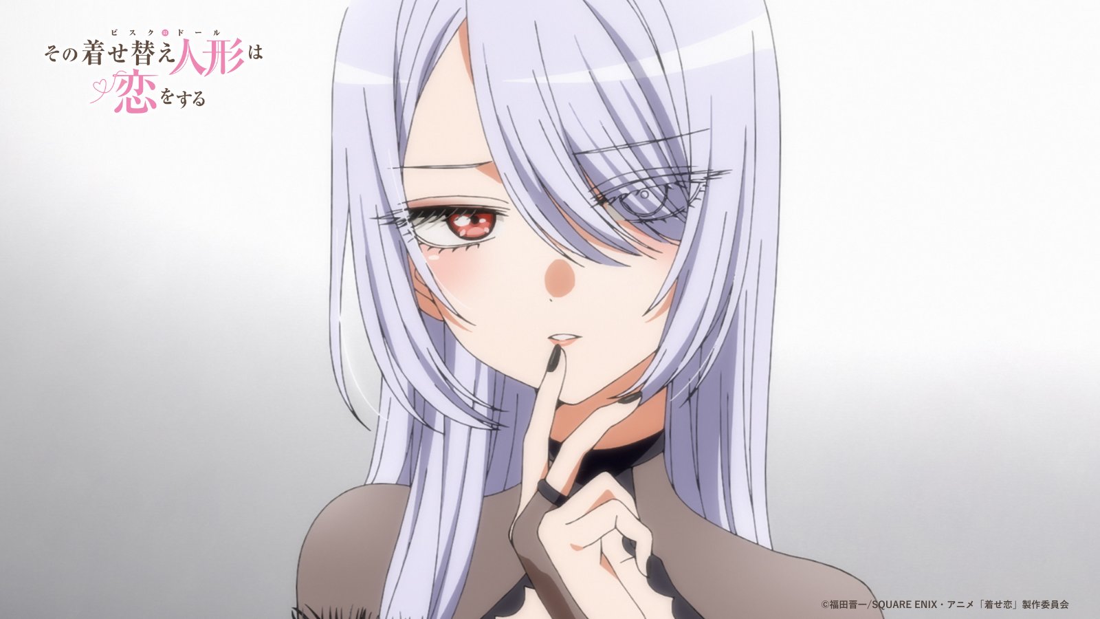 inui sajuna, sono bisque doll wa koi wo suru, anime screenshot, highres, official art, 1girl, copyright name, cosplay, grey background, grey hair, long hair, looking at viewer, purple eyes, simple background, solo, upper body