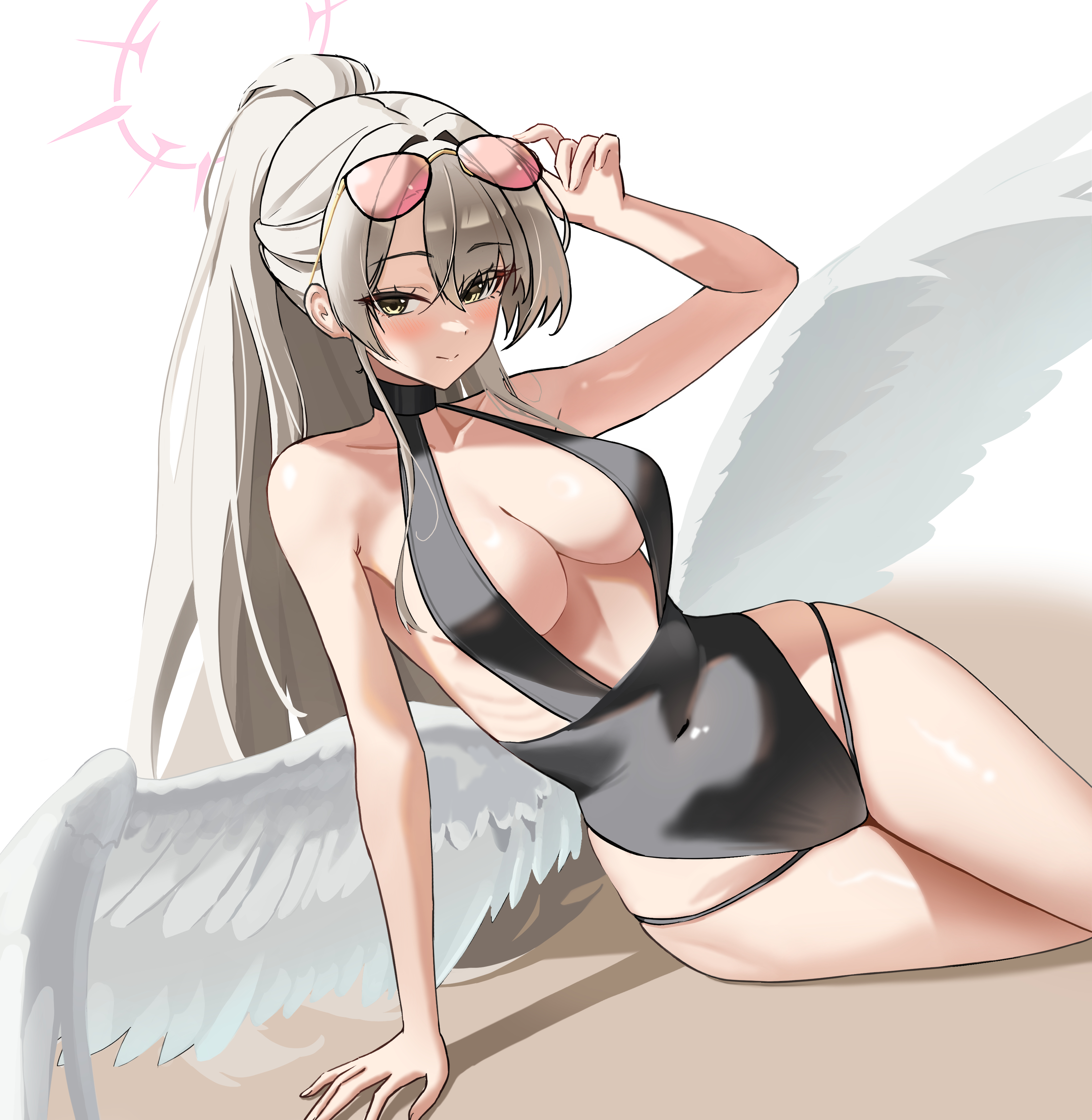su2ro, nagisa (blue archive), nagisa (swimsuit) (blue archive), blue archive, absurdres, highres, 1girl, bare arms, bare shoulders, black one-piece swimsuit, breasts, center opening, collarbone, collared halterneck, covered navel, eyewear on head, feathered wings, halo, halterneck, highleg, large breasts, looking at viewer, low wings, official alternate costume, official alternate hairstyle, one-piece swimsuit, pink halo, ribs, solo, sunglasses, swimsuit, tinted eyewear, white wings, wings